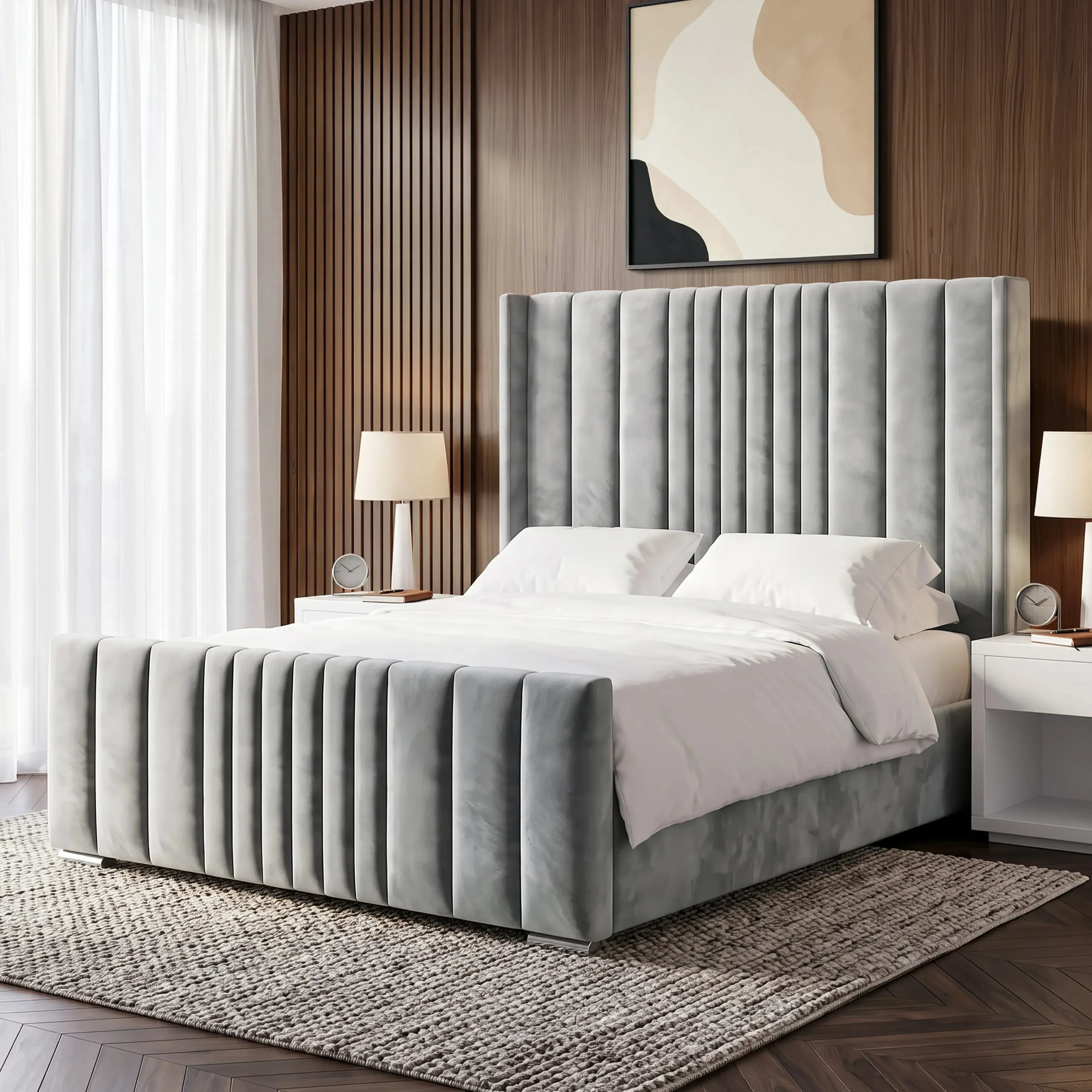 Winged Double Ottoman Storage Bed with Lines - Light Grey, Velvet product