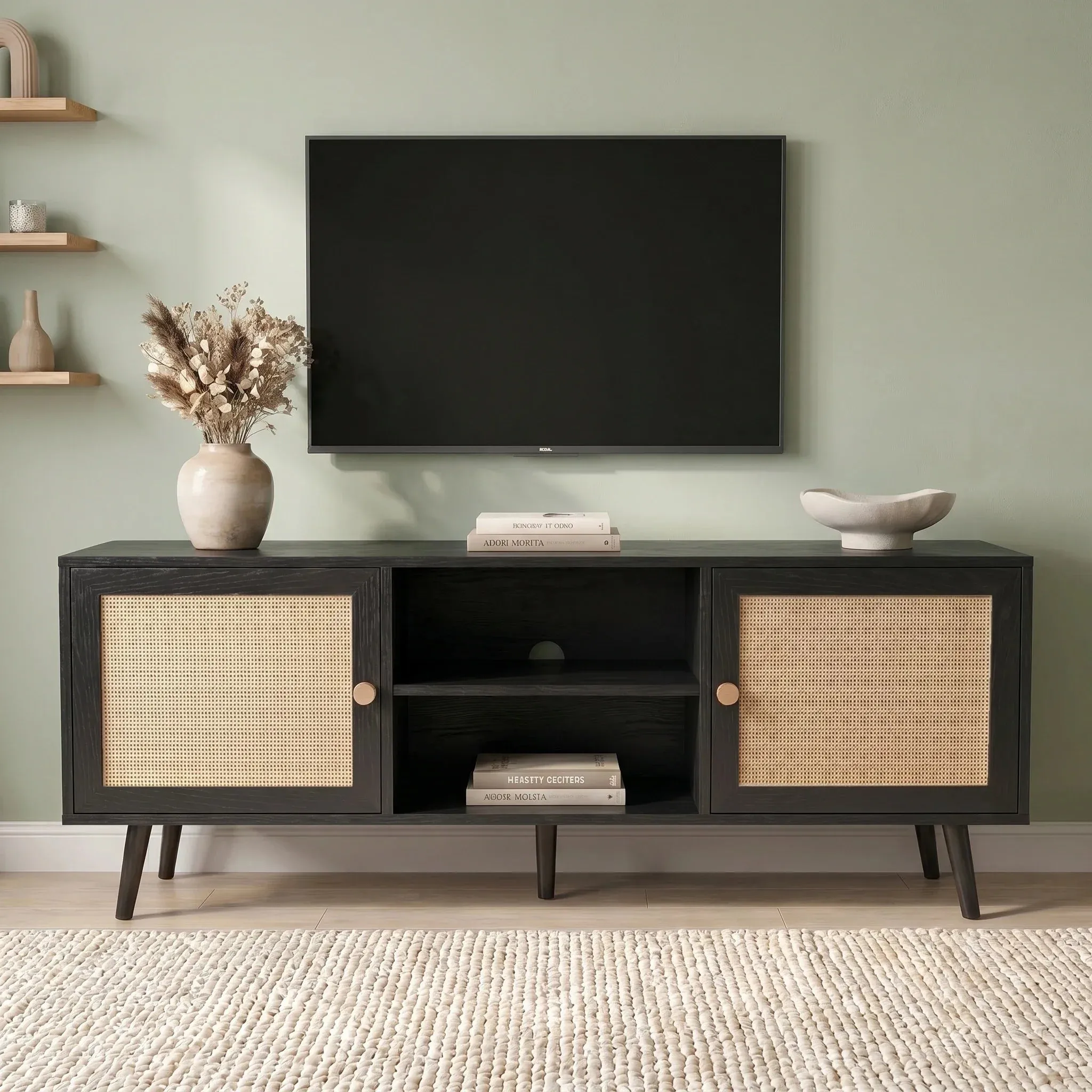 Wovena Rattan TV Unit with 2-Door Storage - Black, 140cm alternate view
