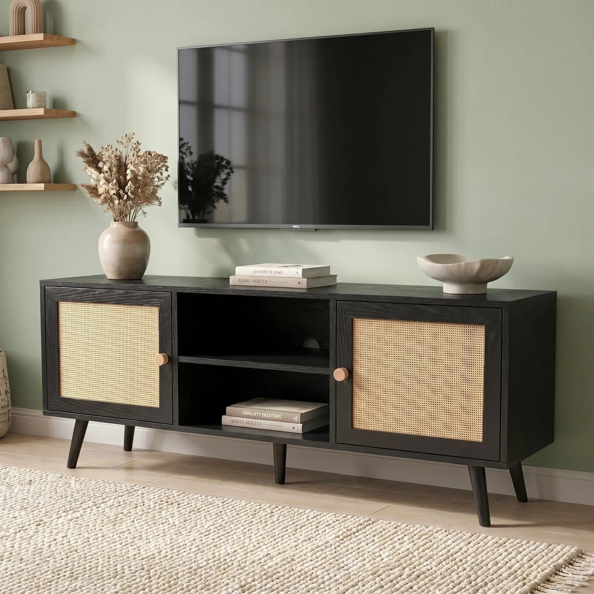 Wovena Rattan TV Unit with 2-Door Storage - Black, 140cm product