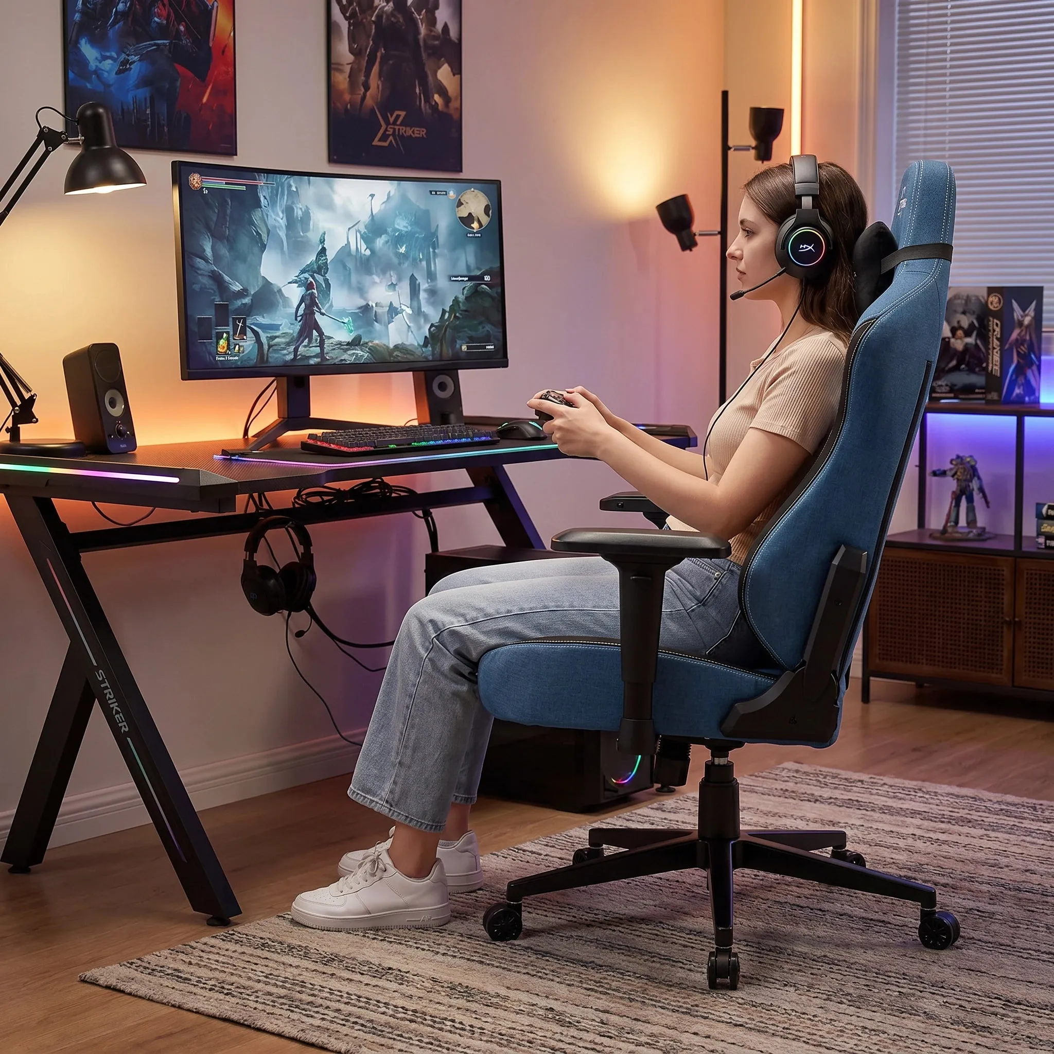 Ergonomic Gaming Chair with Headrest - Blue, Fabric alternate view