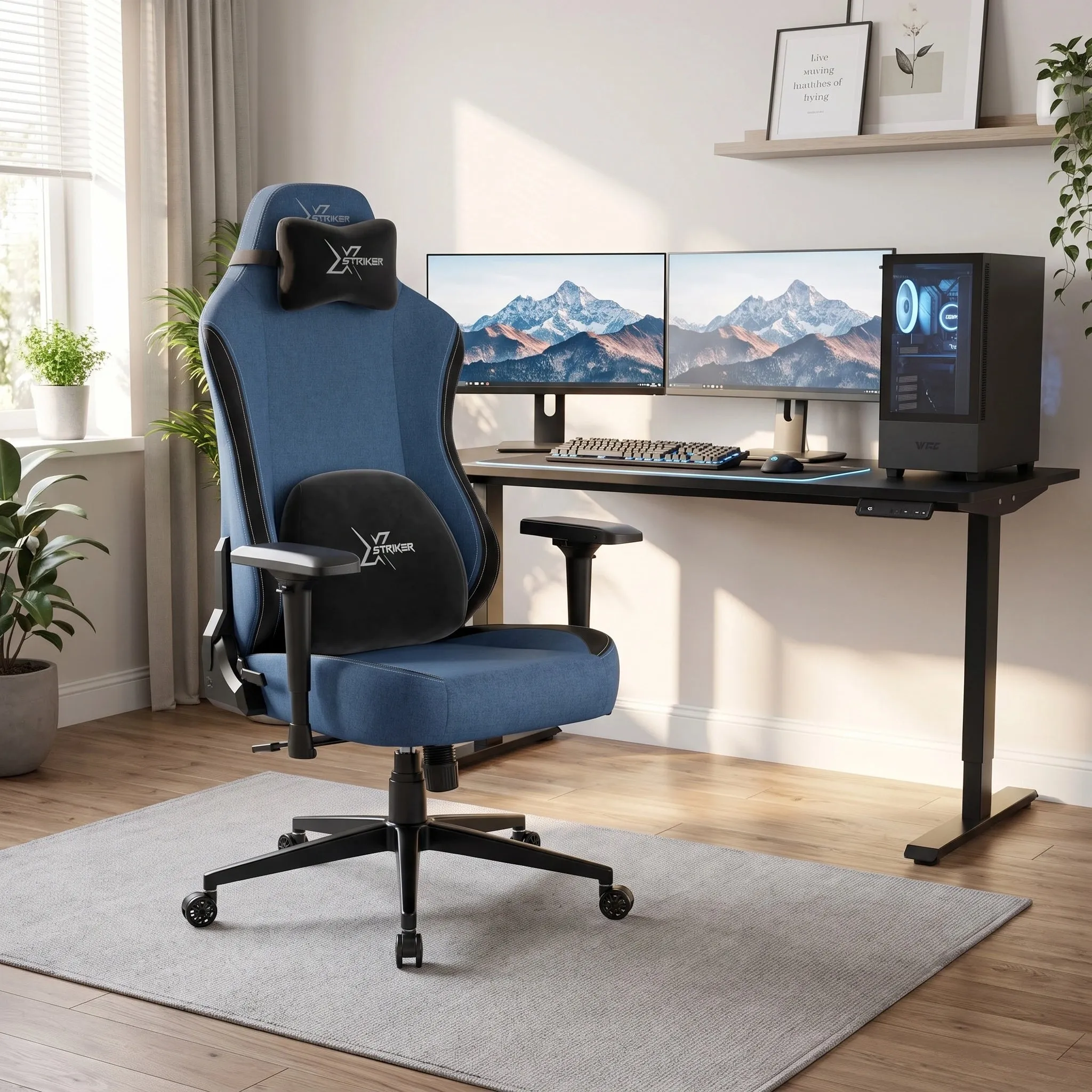 Ergonomic Gaming Chair with Headrest - Blue, Fabric product