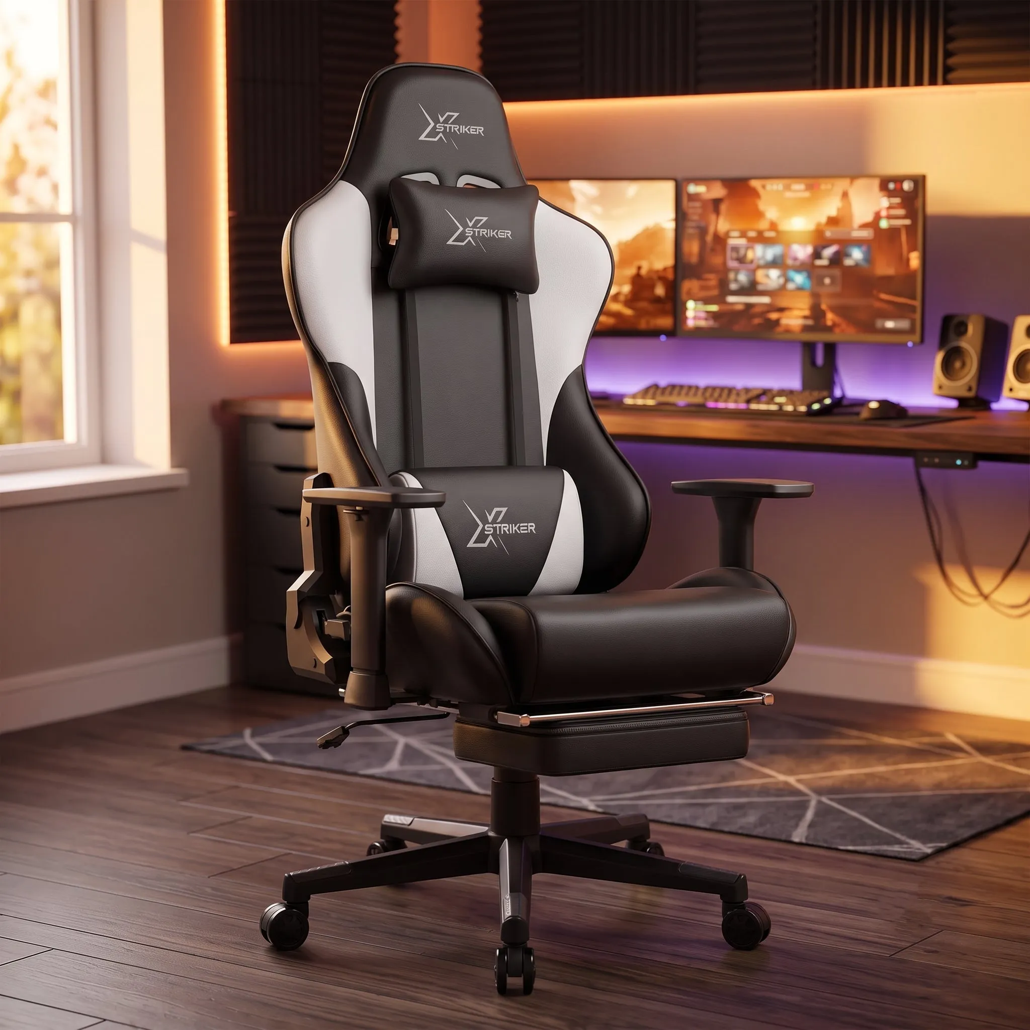 Gaming Chair with Footrest and Lumbar Support - White, Faux Leather product