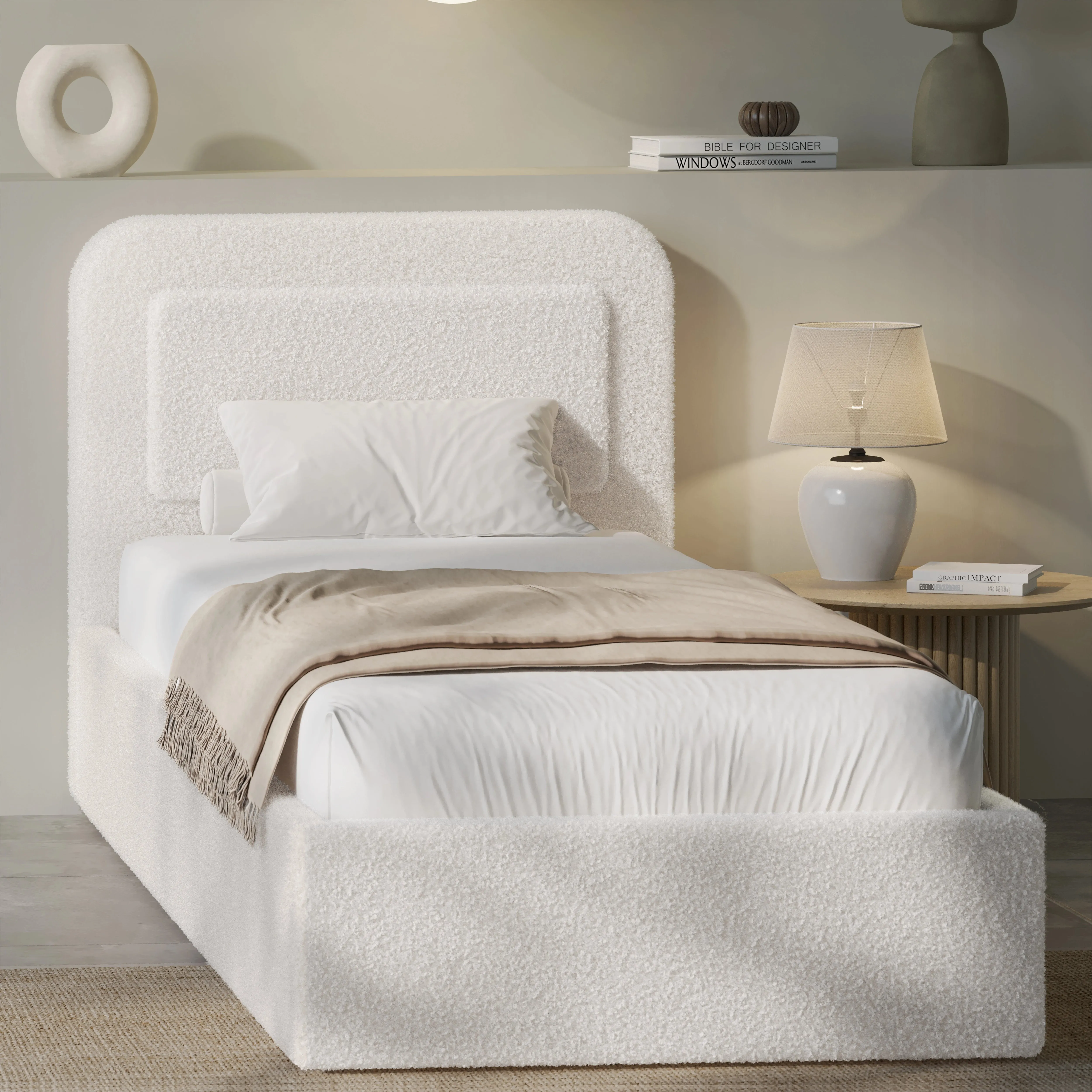 Double Ottoman Storage Bed Curved Headboard - White, Boucle by Dream Interiors, image 2