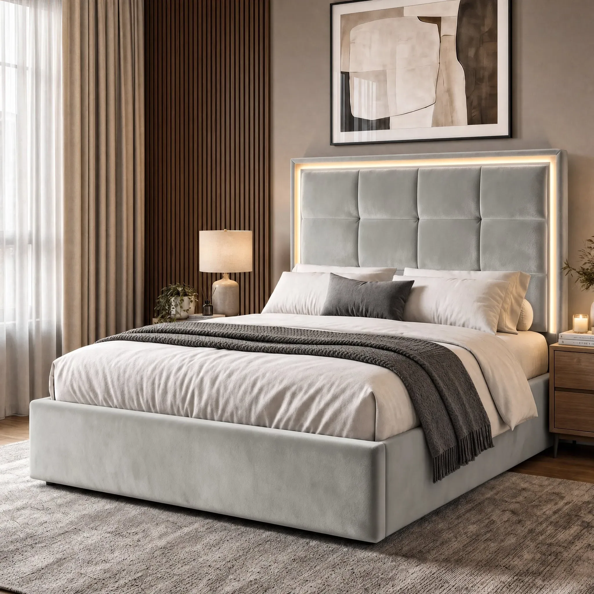 Double Ottoman Storage Bed Frame with LED - Grey, Velvet alternate view