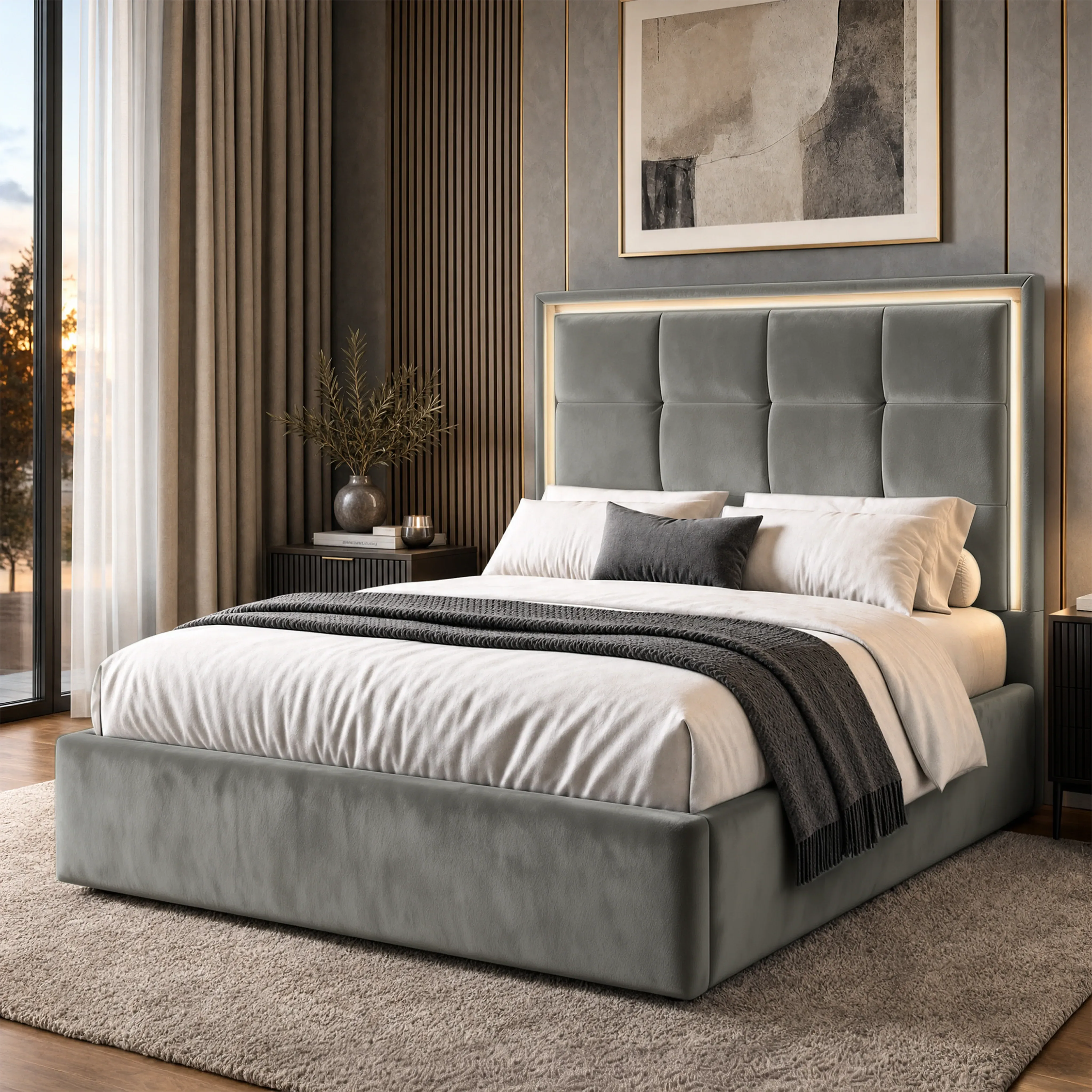 Double Ottoman Storage Bed Frame with LED - Grey, Velvet product