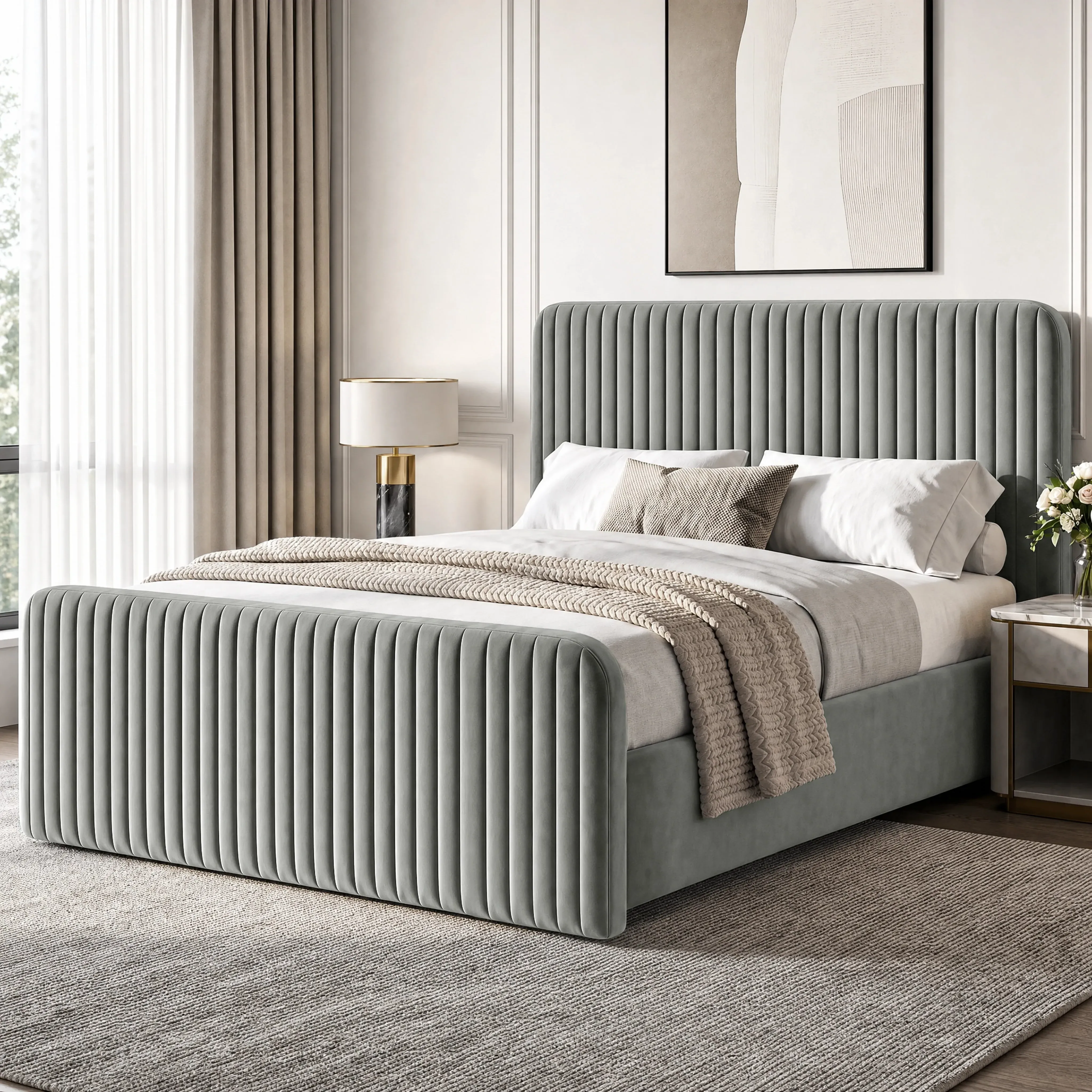 Double Ottoman Storage Bed Tall Padded Headboard - Grey, Velvet alternate view