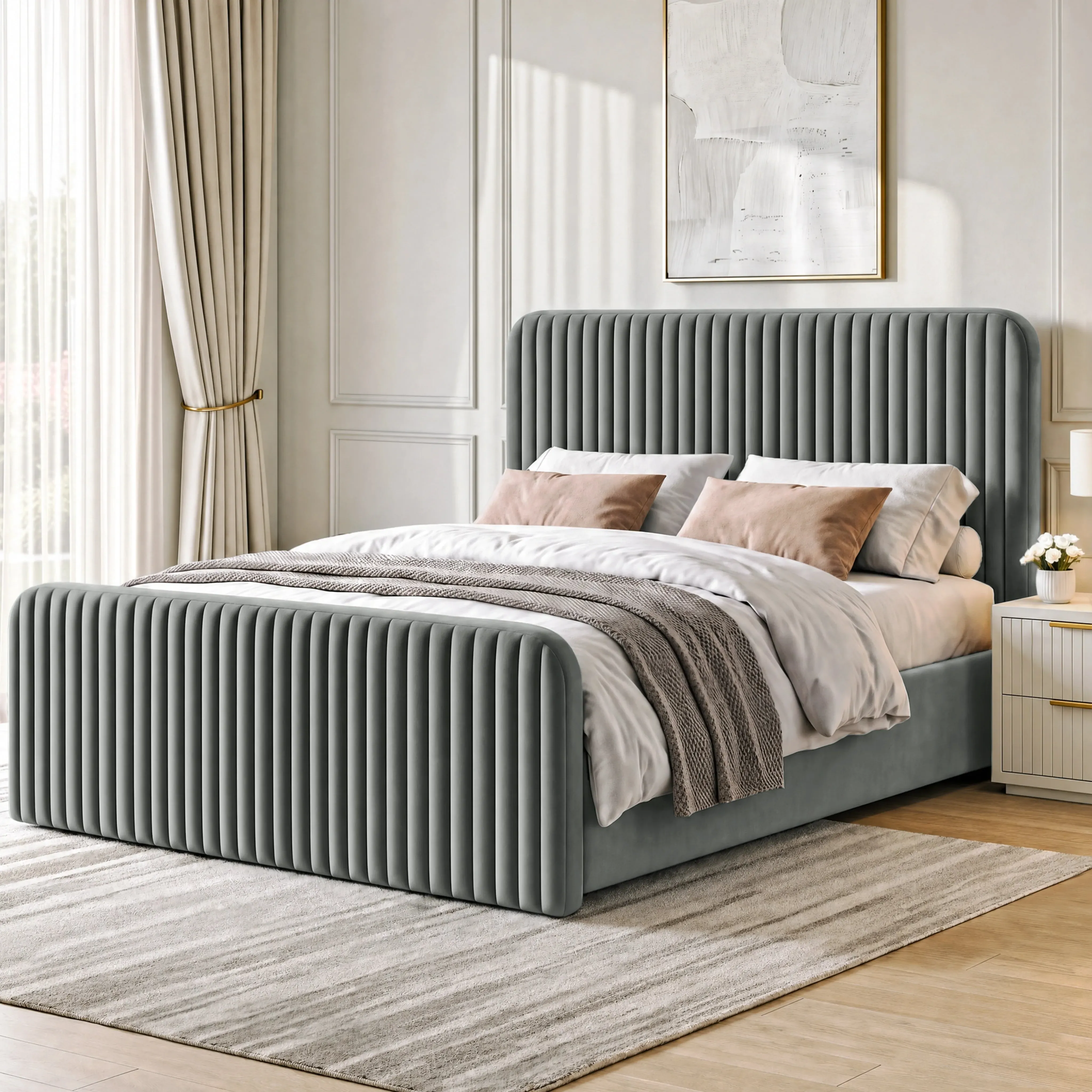 Double Ottoman Storage Bed Tall Padded Headboard - Grey, Velvet product