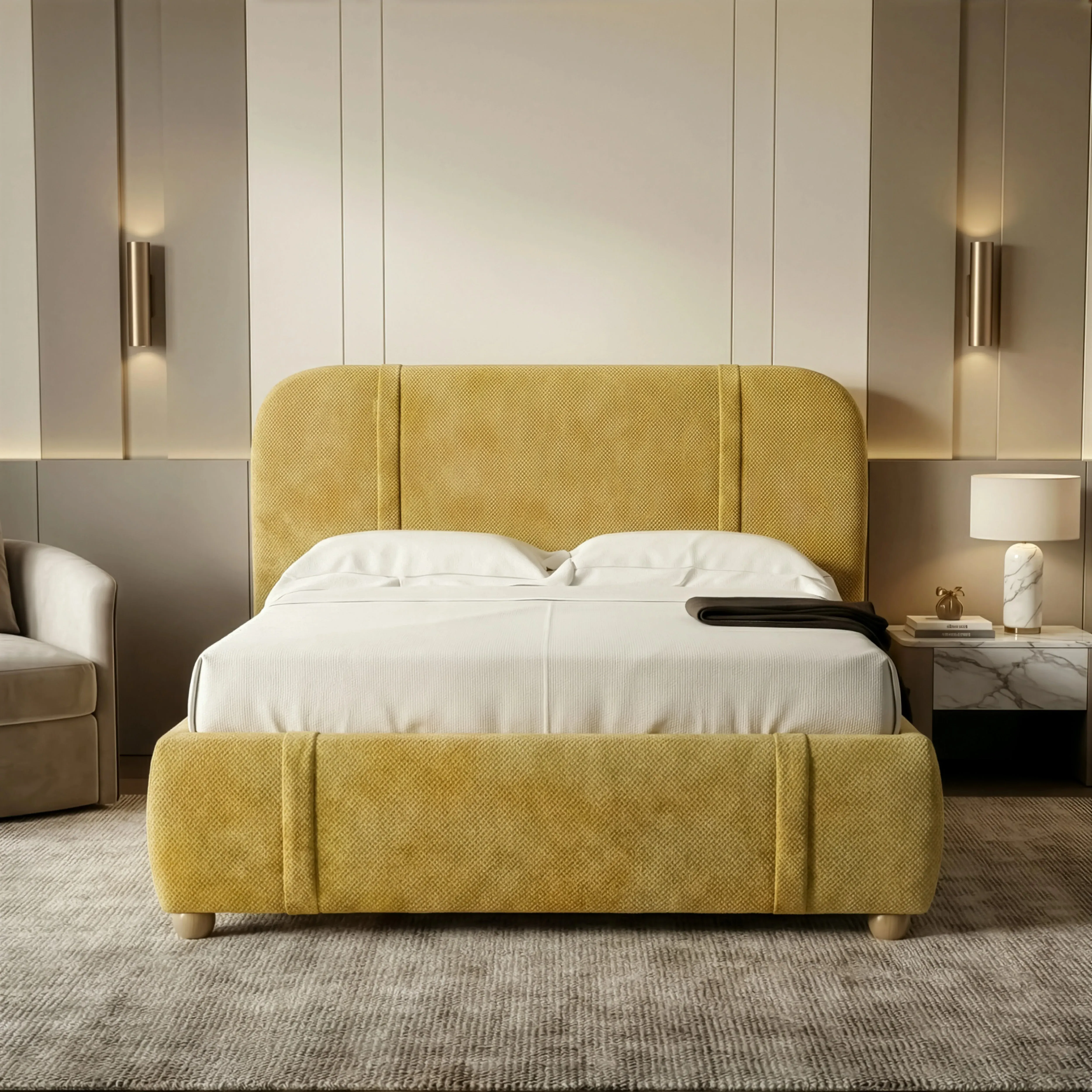 Double Upholstered Bed Frame with Padded Headboard - Yellow by Dream Interiors, image 2