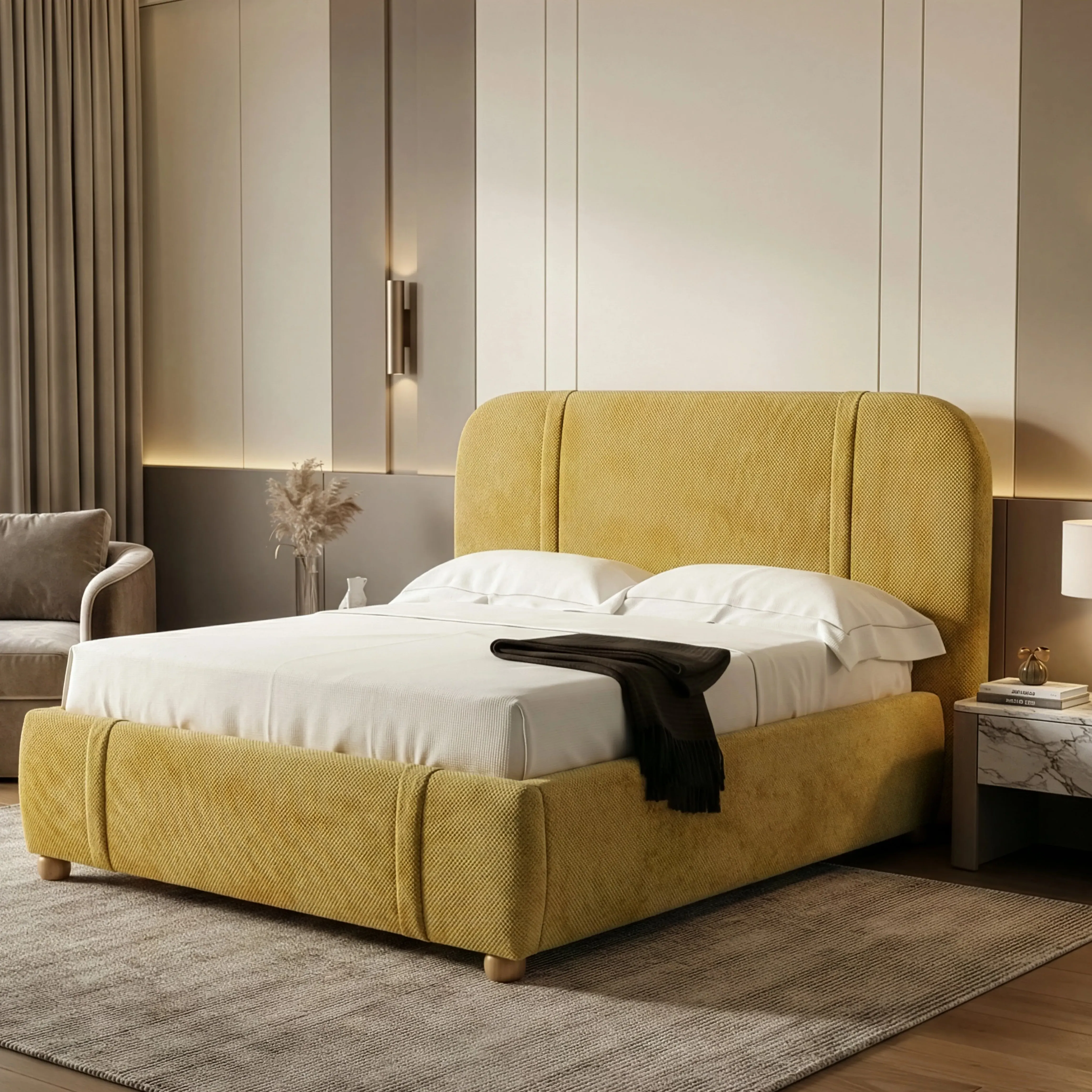 Double Upholstered Bed Frame with Padded Headboard - Yellow by Dream Interiors