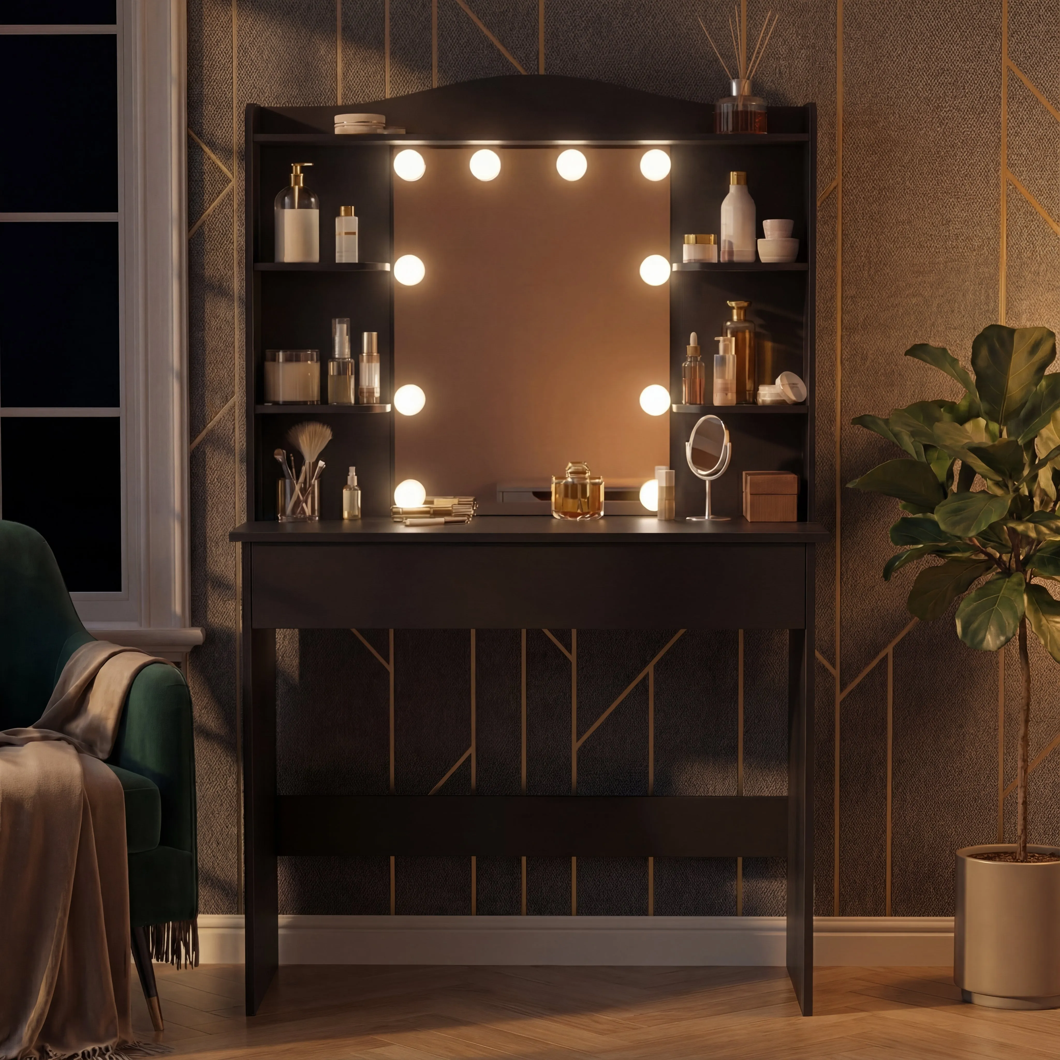 Dressing Table with Mirror & LED Lights - Black, Particle Board by Dream Interiors, image 2