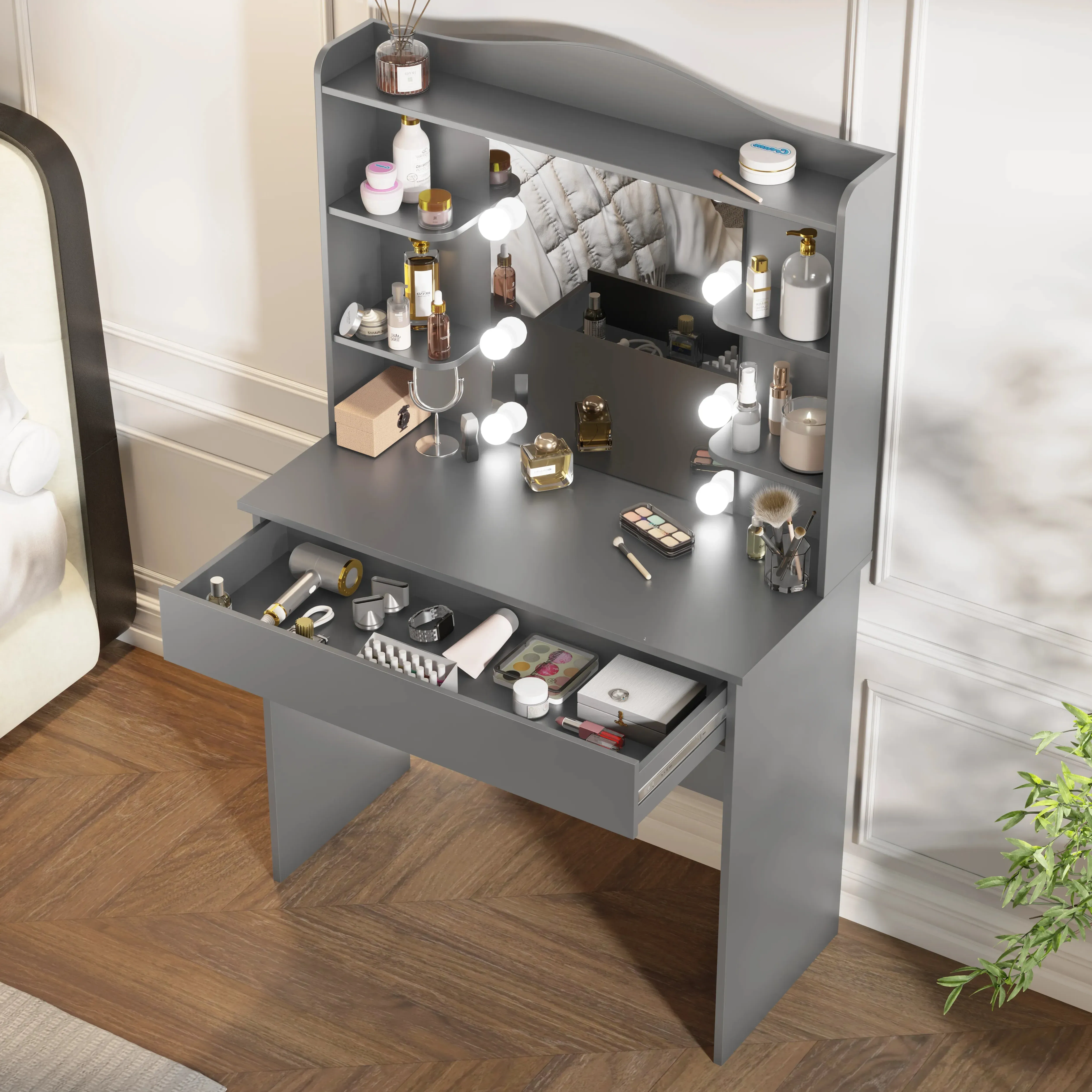 Dressing Table with Mirror & LED Lights - Grey, Particle Board by Dream Interiors, image 2