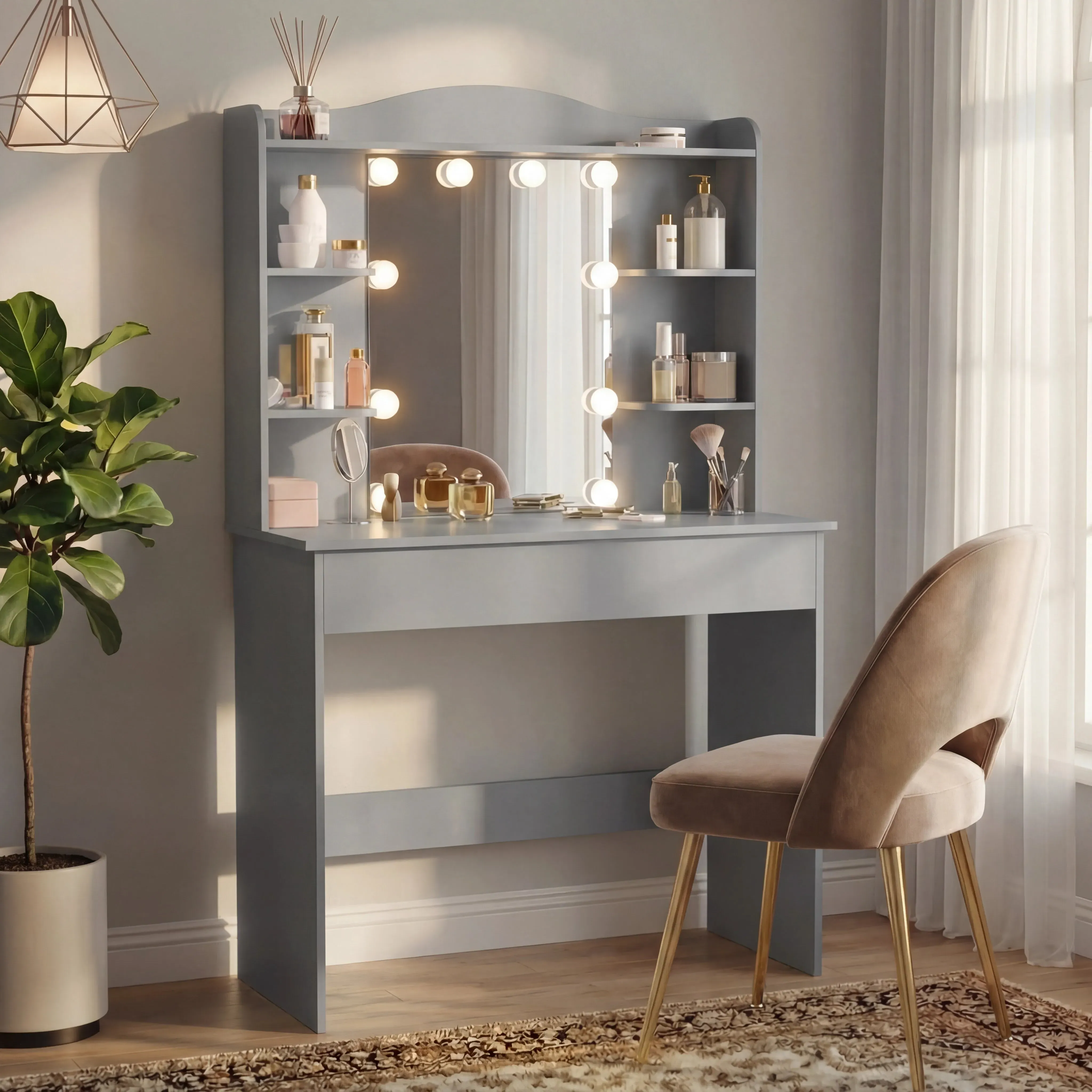 Dressing Table with Mirror & LED Lights - Grey, Particle Board by Dream Interiors
