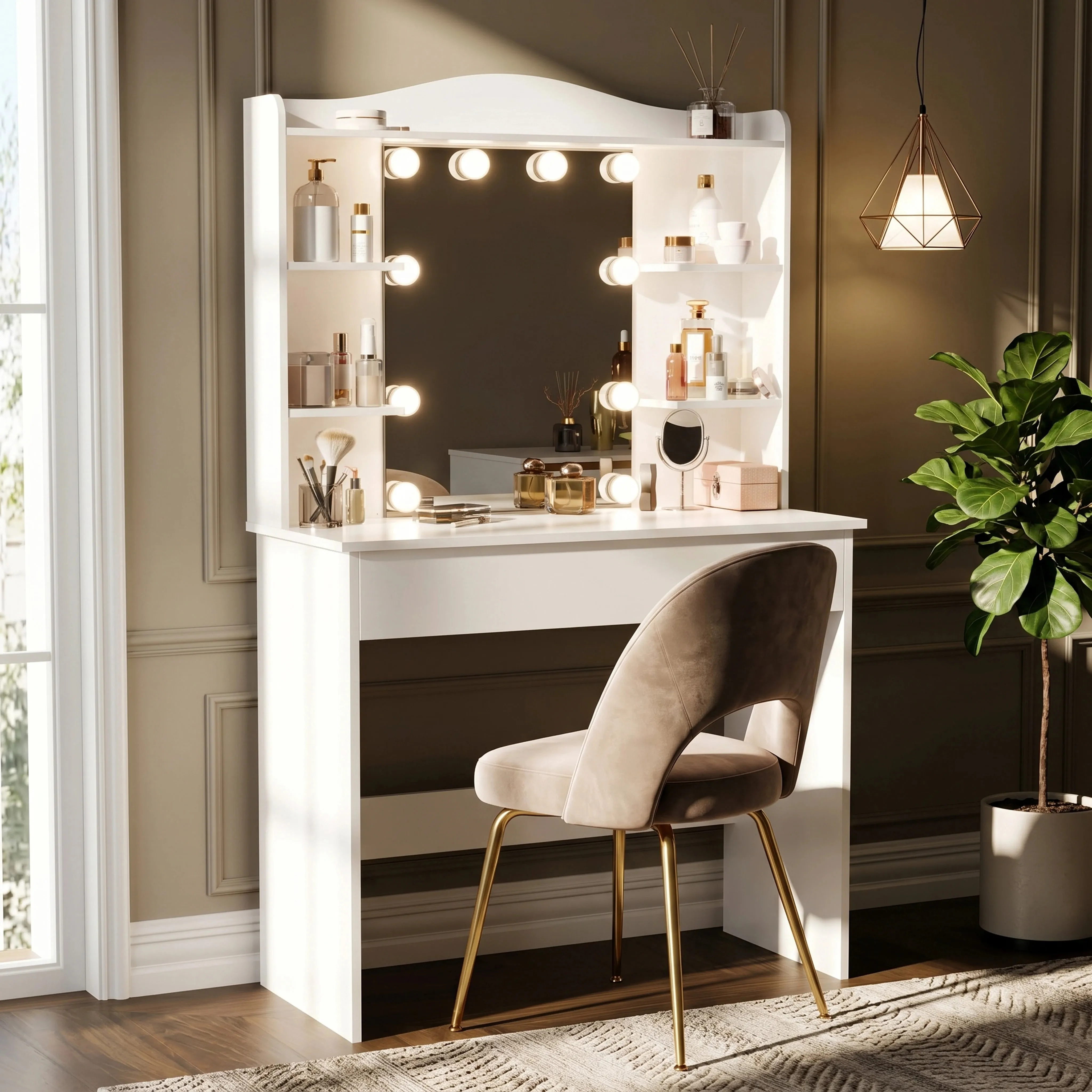 Dressing Table with Mirror & LED Lights - White, Particle Board by Dream Interiors