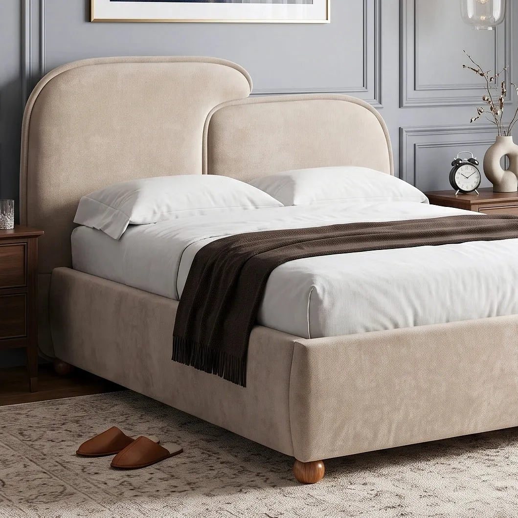 Embrea Double Bed Frame with Curved Headboard - Beige by Dream Interiors