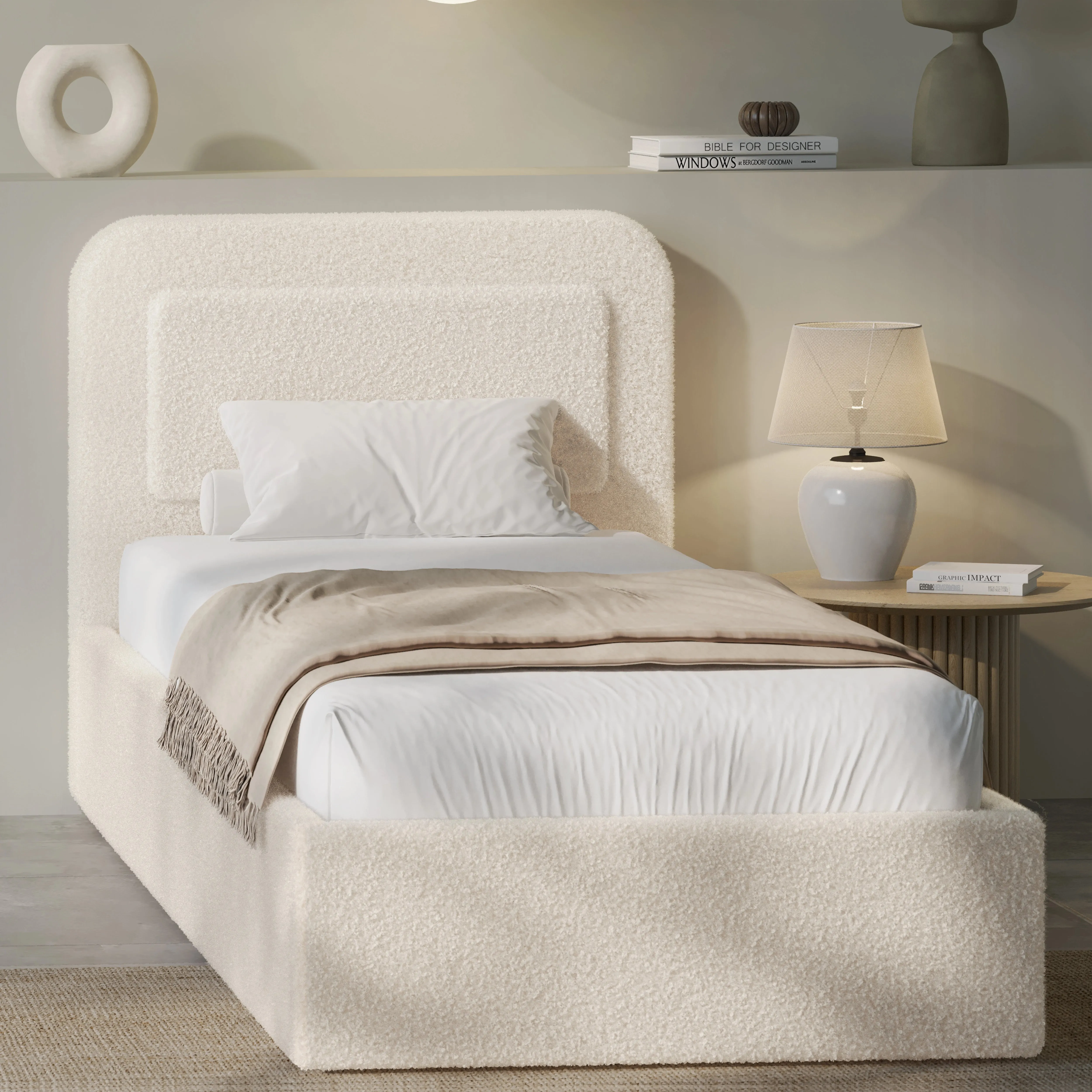 King Size Ottoman Storage Bed Curved Headboard - Beige, Boucle by Dream Interiors, image 2