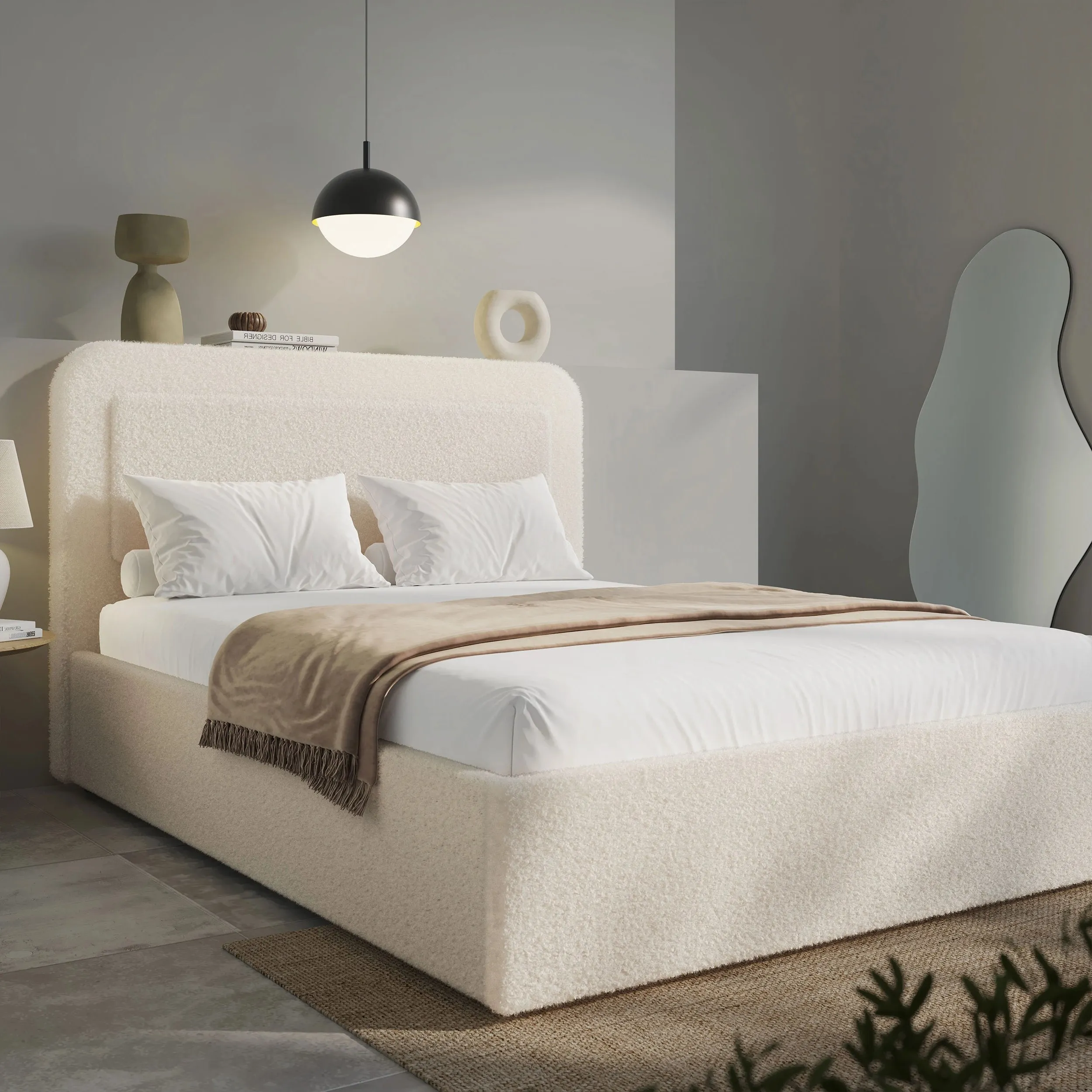King Size Ottoman Storage Bed Curved Headboard - Beige, Boucle by Dream Interiors