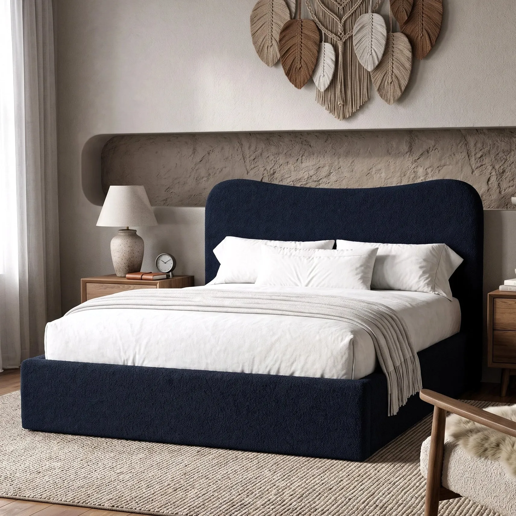 King Size Ottoman Storage Bed Curved Headboard - Blue, Teddy Fabric by Dream Interiors