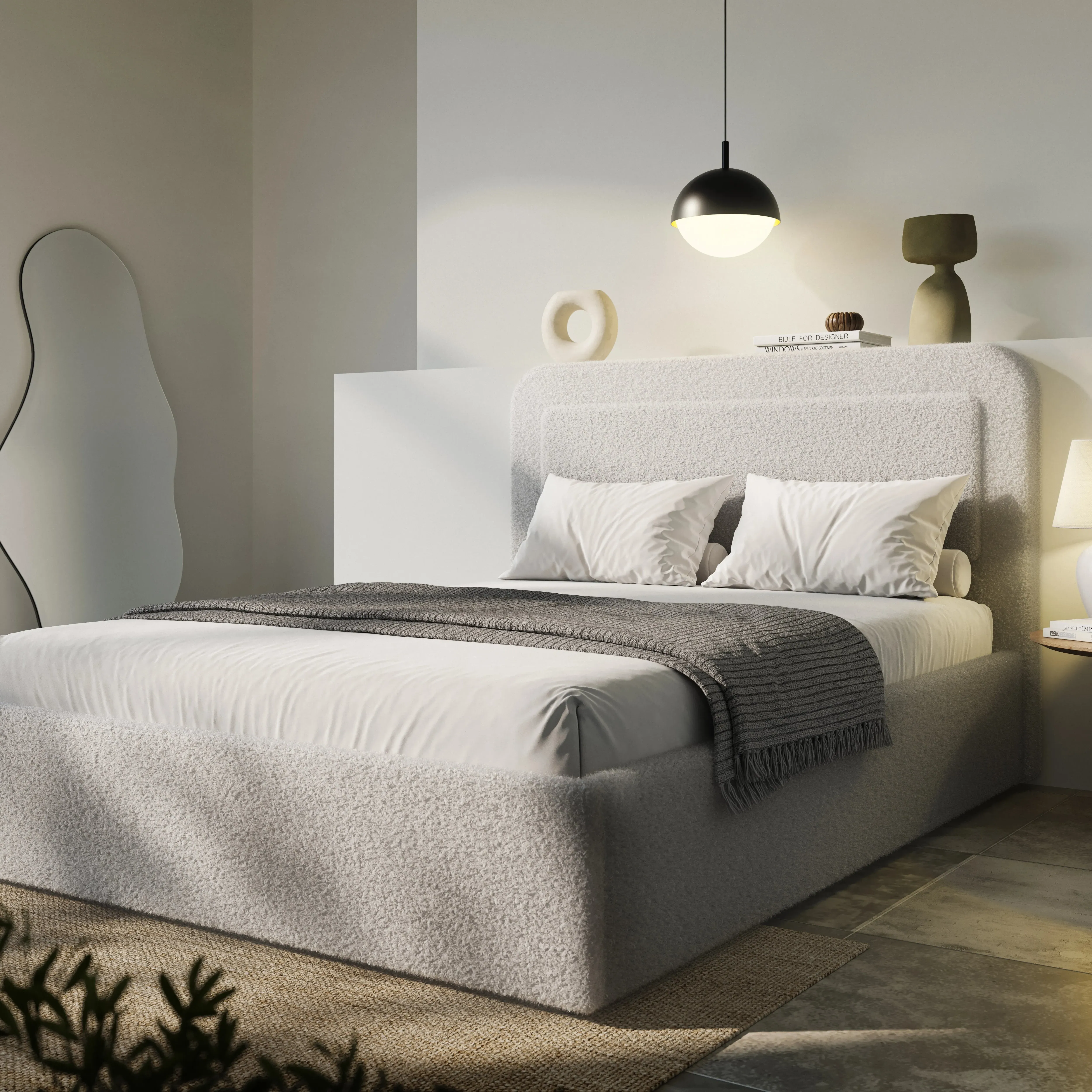 King Size Ottoman Storage Bed with Curved Headboard - Grey, Boucle by Dream Interiors