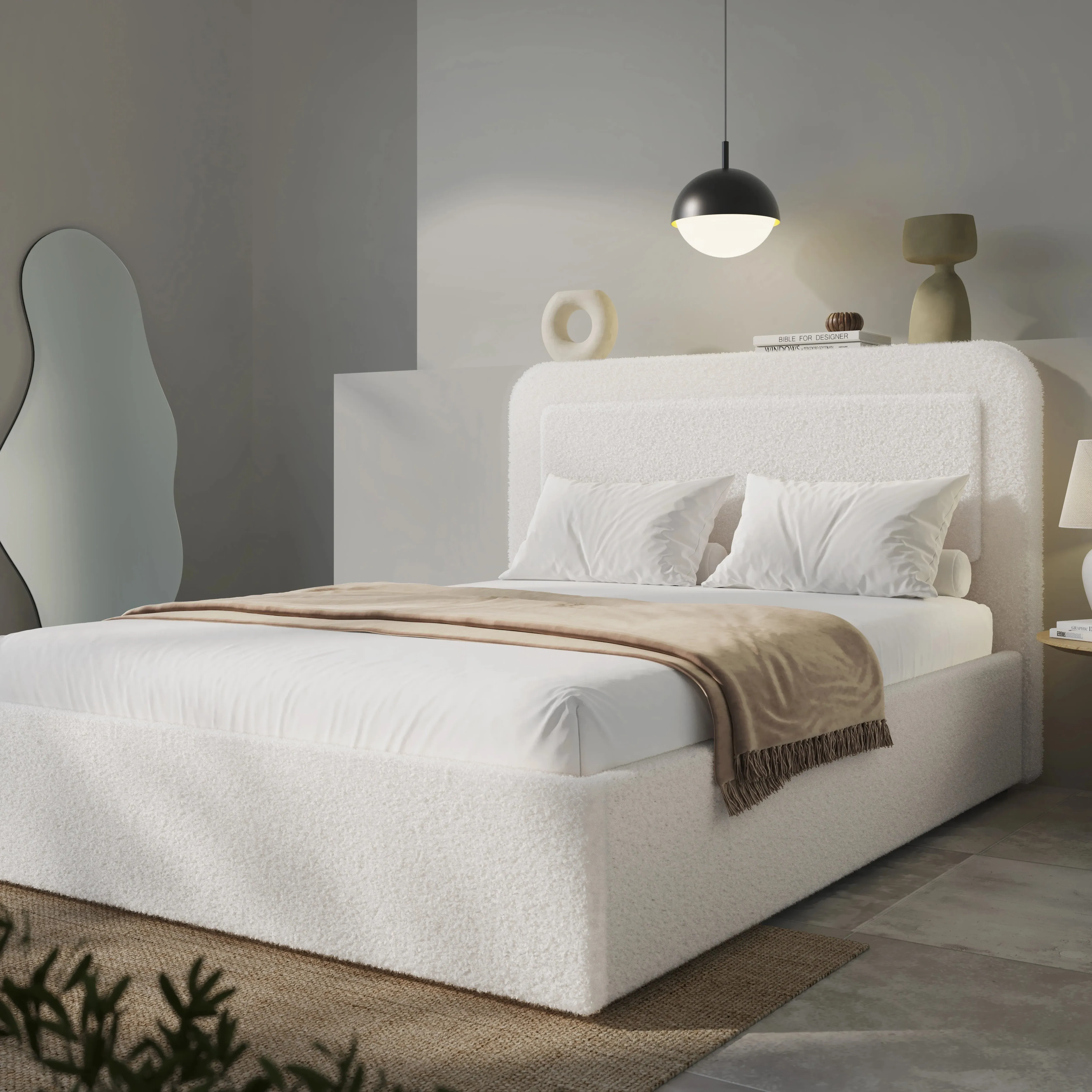 King Size Ottoman Storage Bed with Curved Headboard - White, Boucle by Dream Interiors