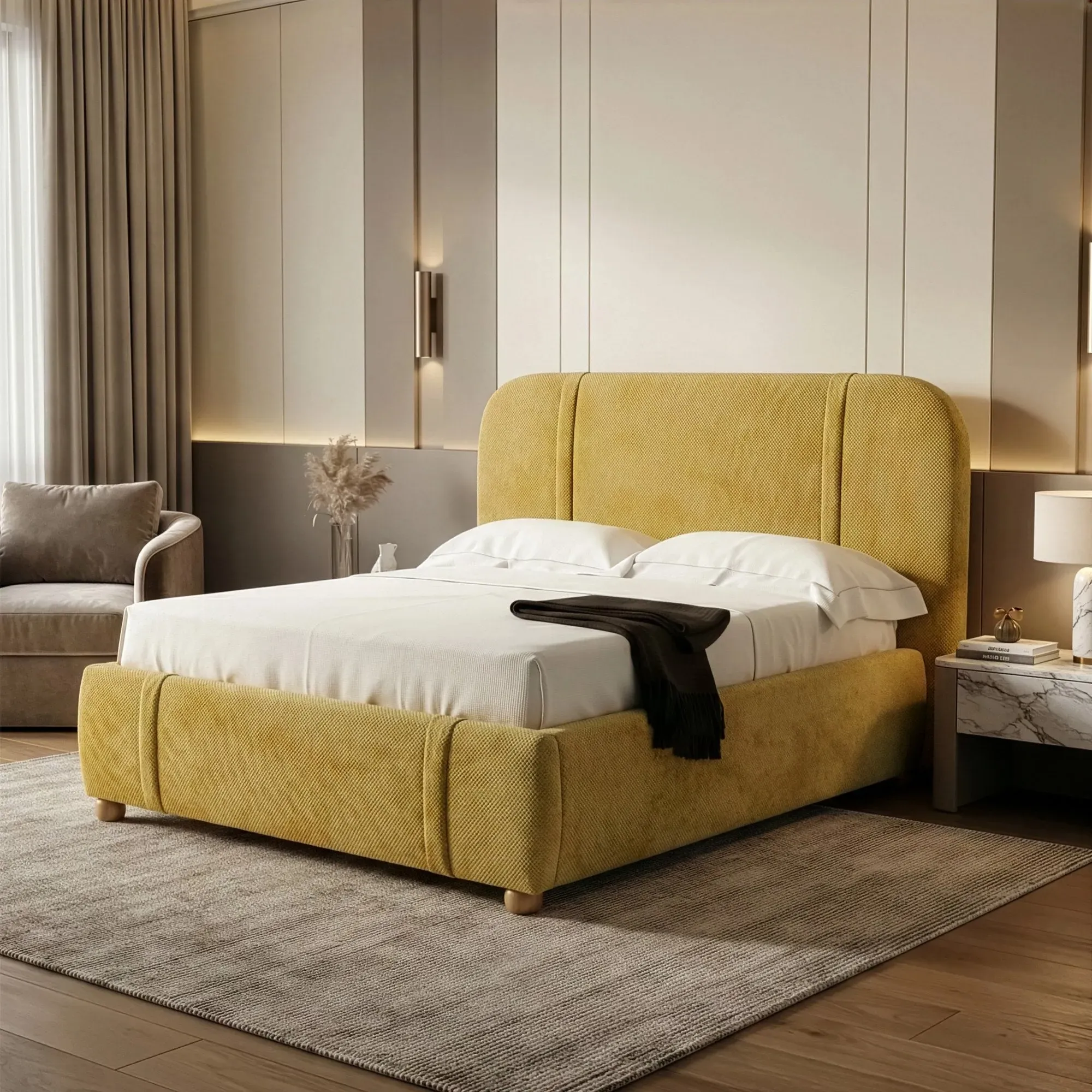 King Size Upholstered Bed Frame with Padded Headboard - Yellow by Dream Interiors