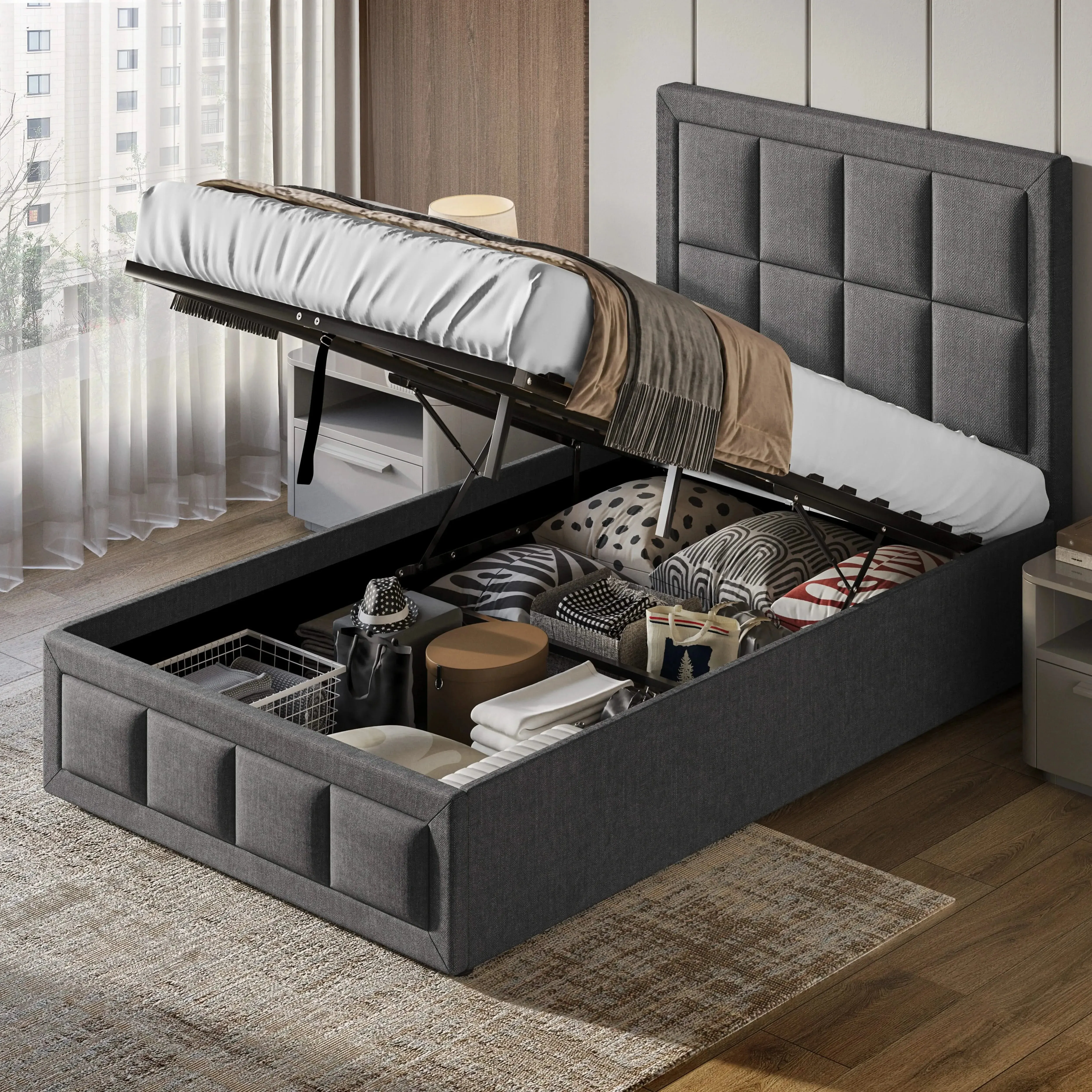 Single Ottoman Bed Frame with Storage - Dark Grey, Linen product