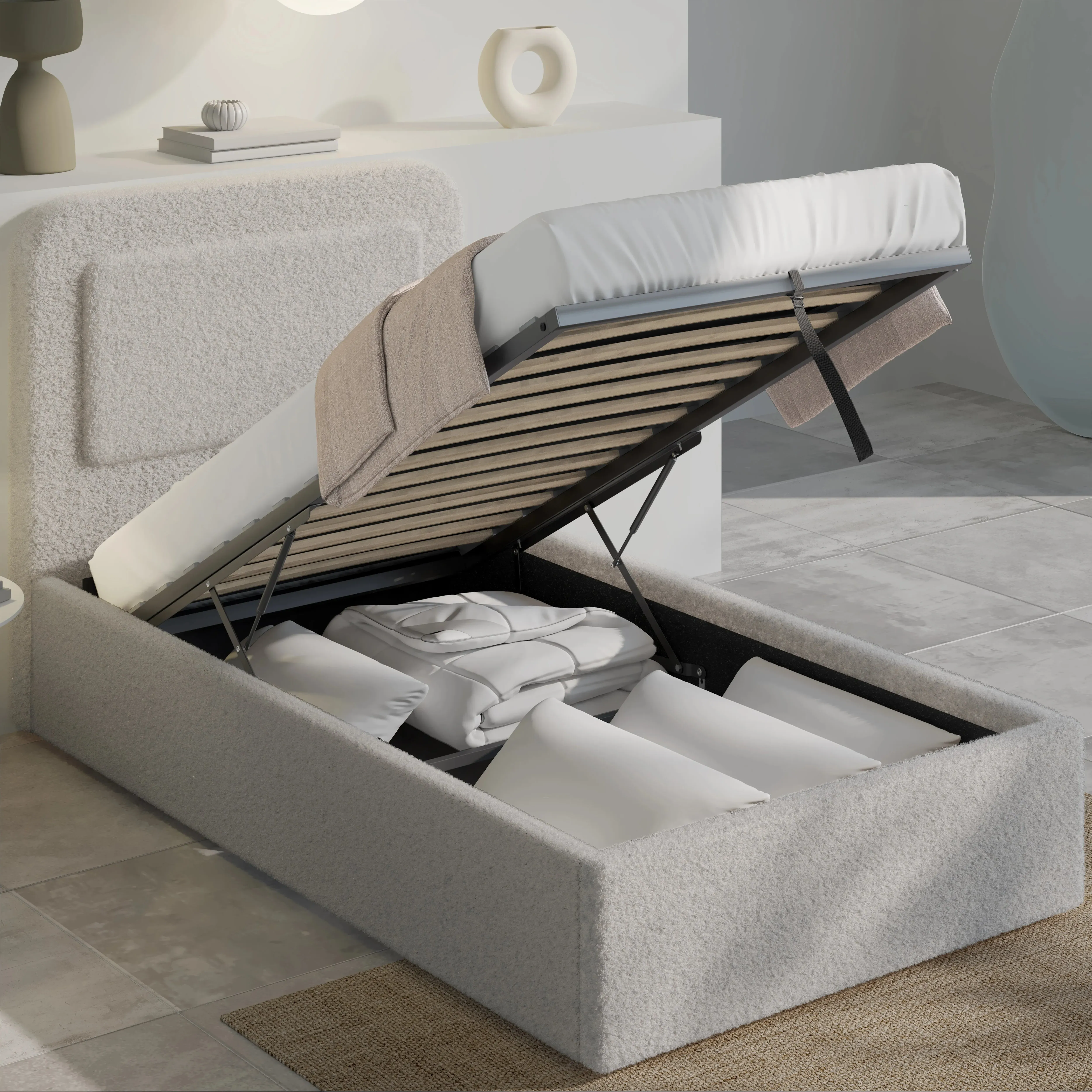 Single Ottoman Storage Bed Curved Headboard - Grey, Boucle by Dream Interiors, image 2