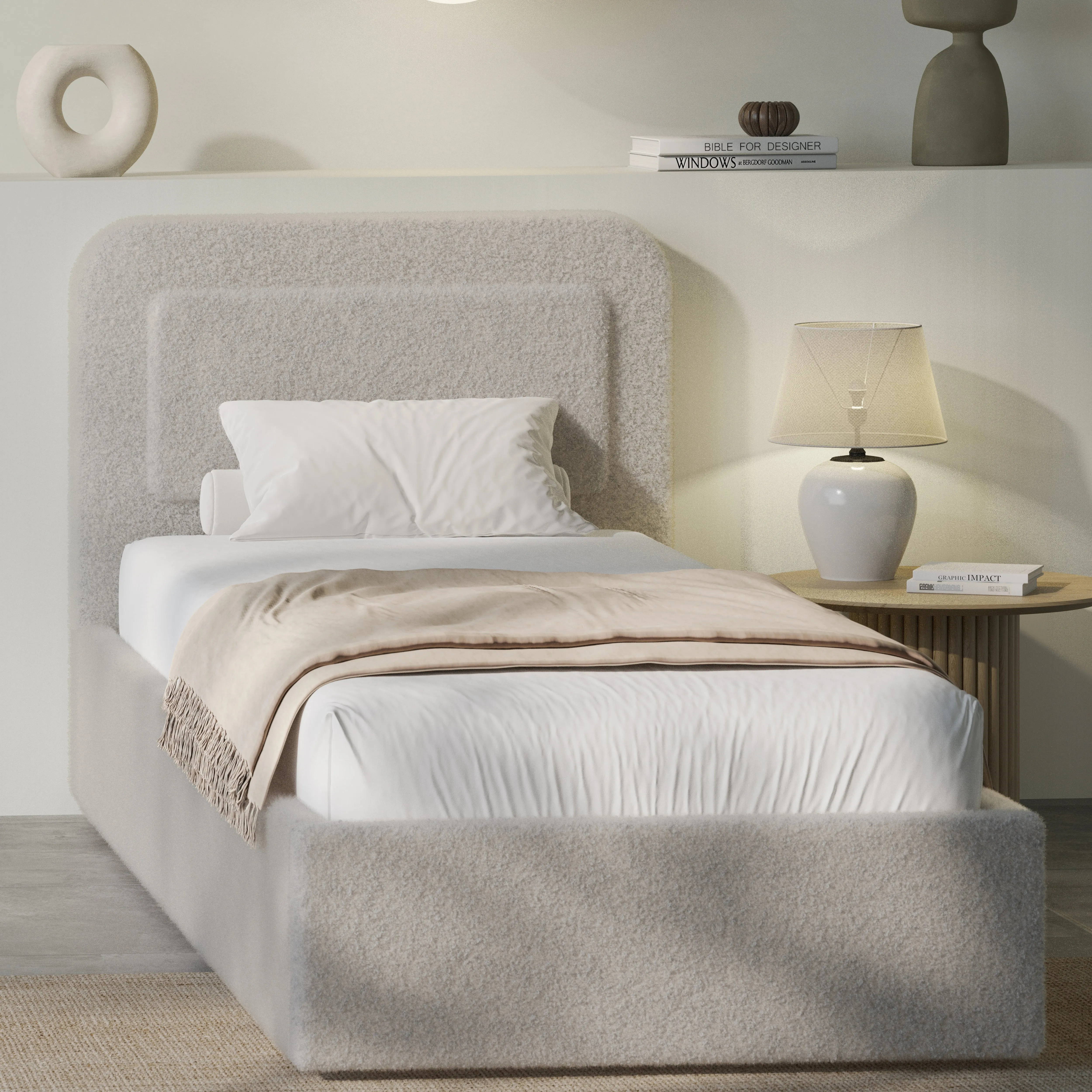 Single Ottoman Storage Bed Curved Headboard - Grey, Boucle by Dream Interiors