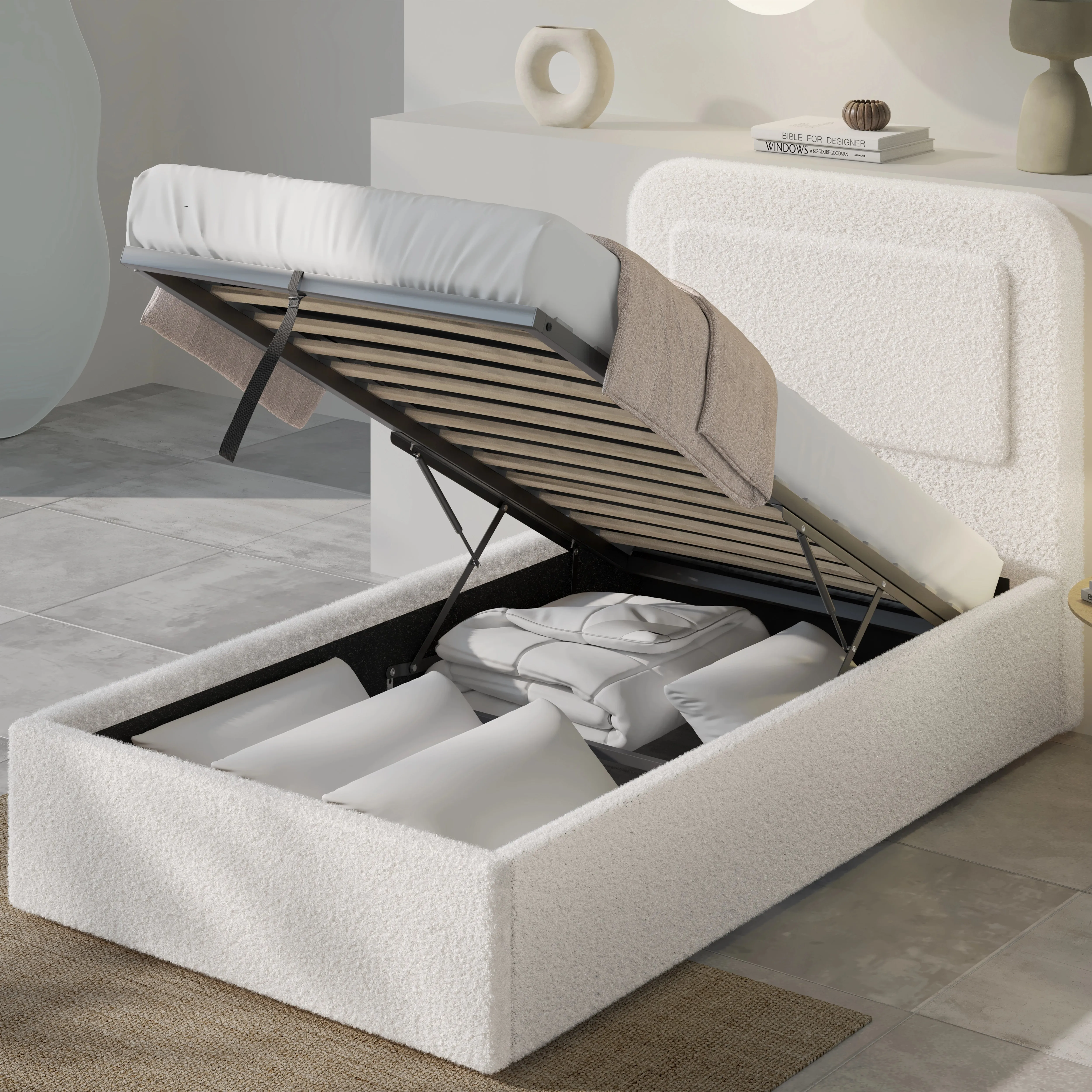 Single Ottoman Storage Bed with Curved Headboard - White, Boucle by Dream Interiors, image 2