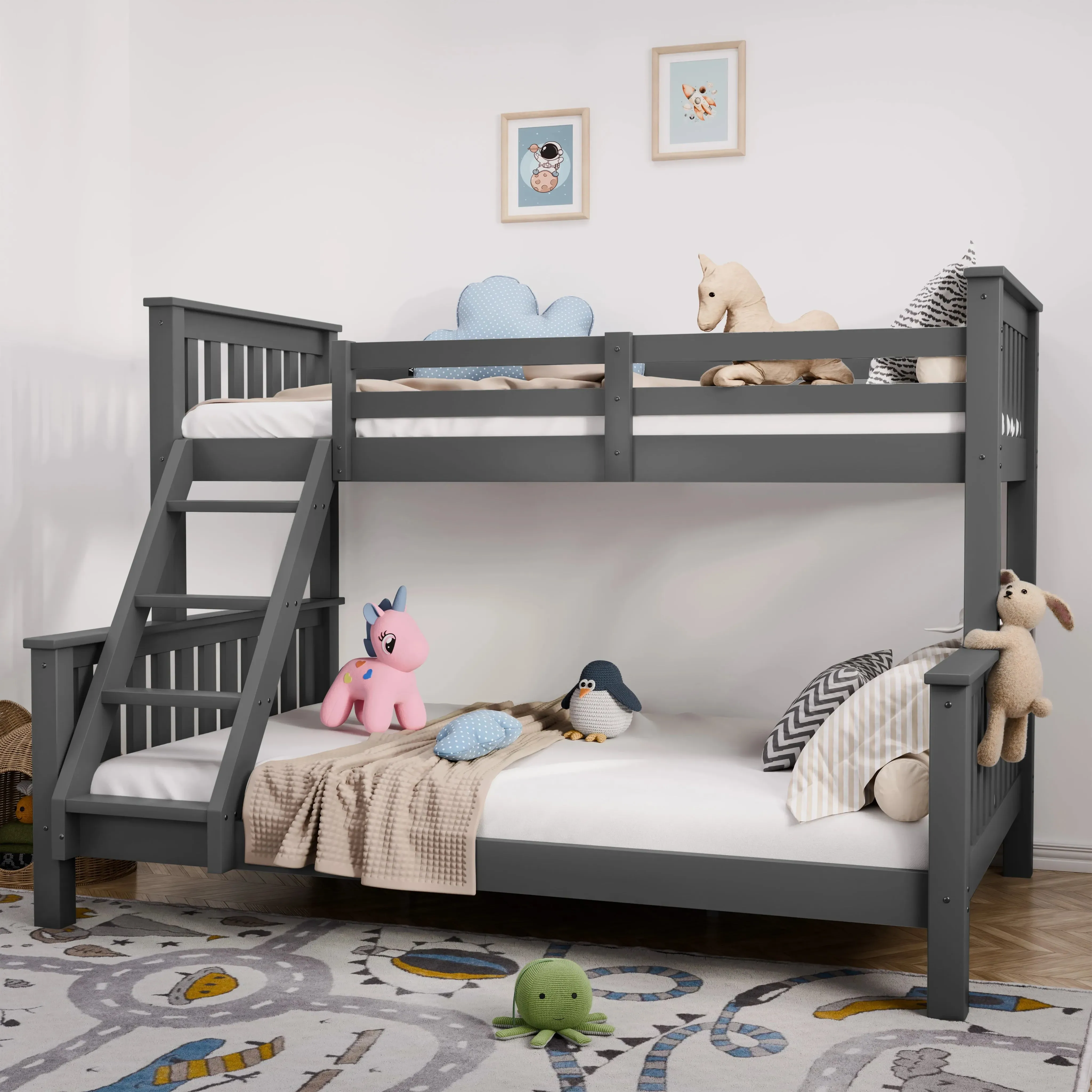 Triple Bunk Bed with Safety Rails - Dark Grey, Pine alternate view