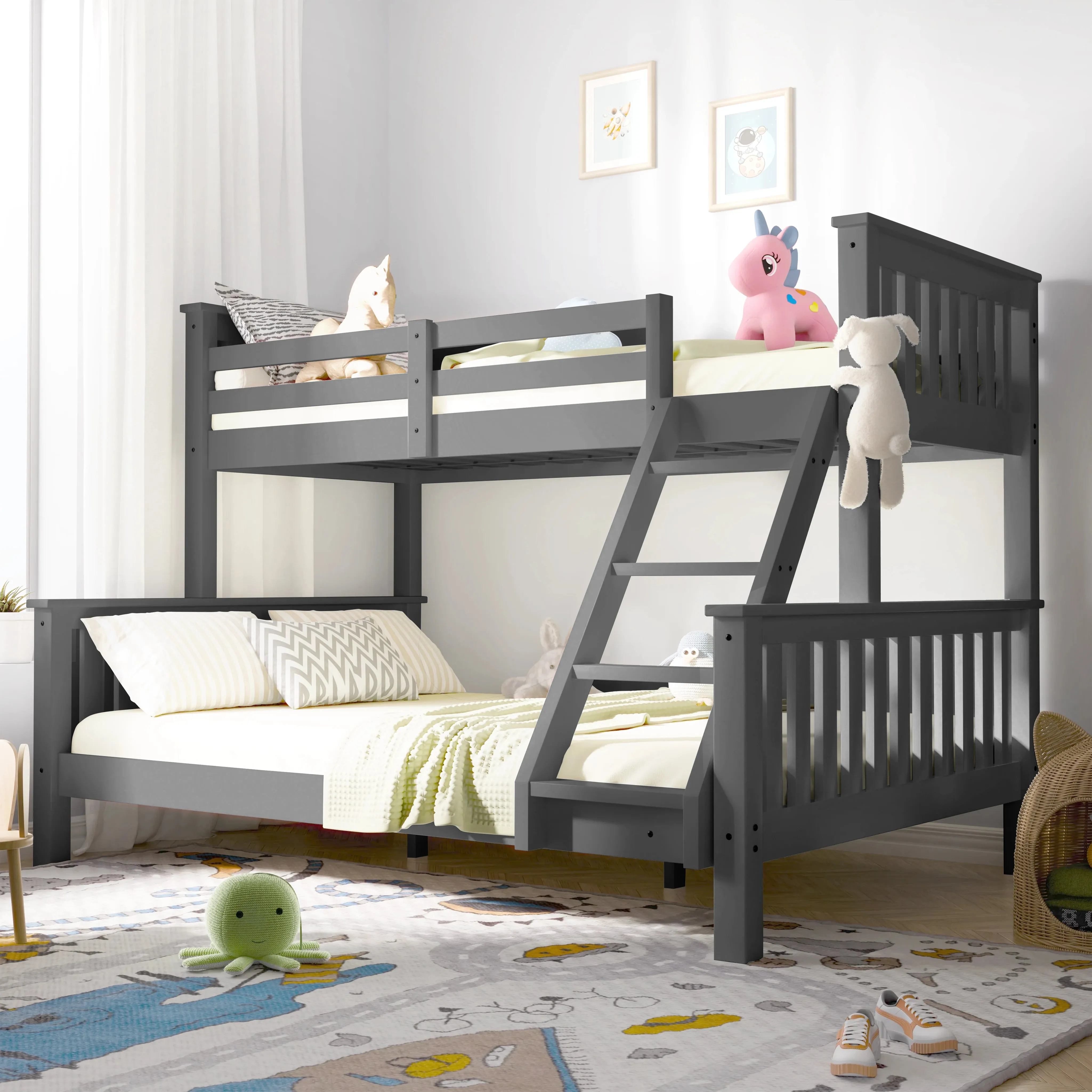 Triple Bunk Bed with Safety Rails - Dark Grey, Pine product