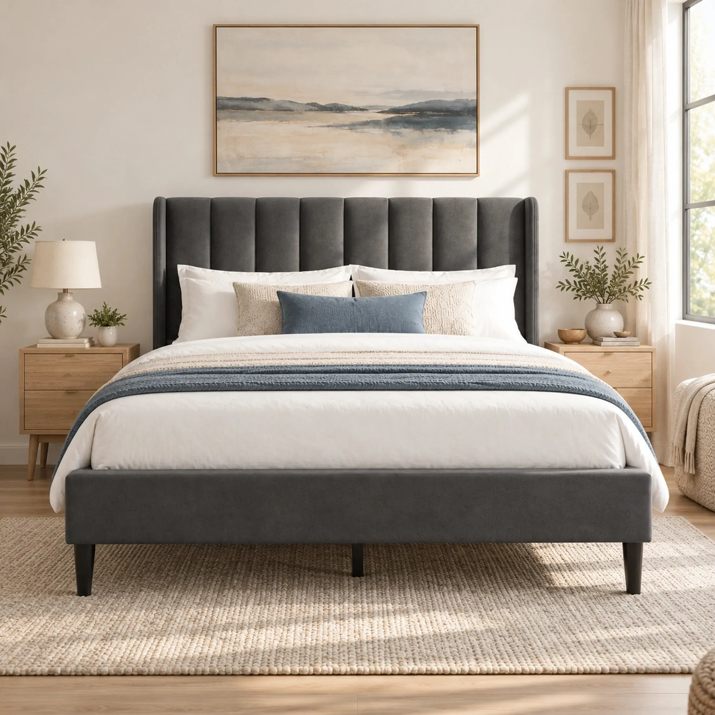 Vertical Line Double Bed Frame - Grey, Velvet alternate view