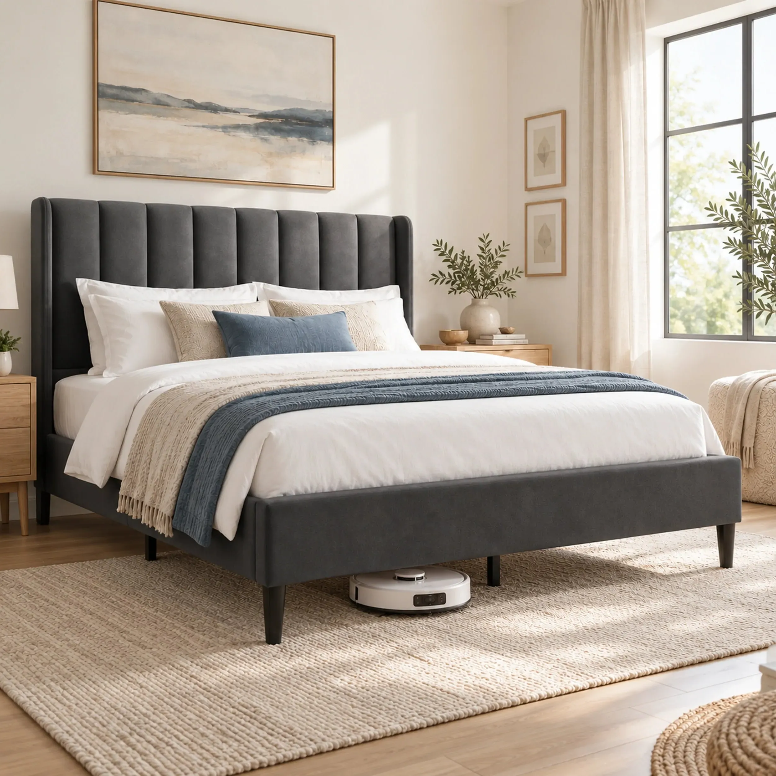 Vertical Line Double Bed Frame - Grey, Velvet product