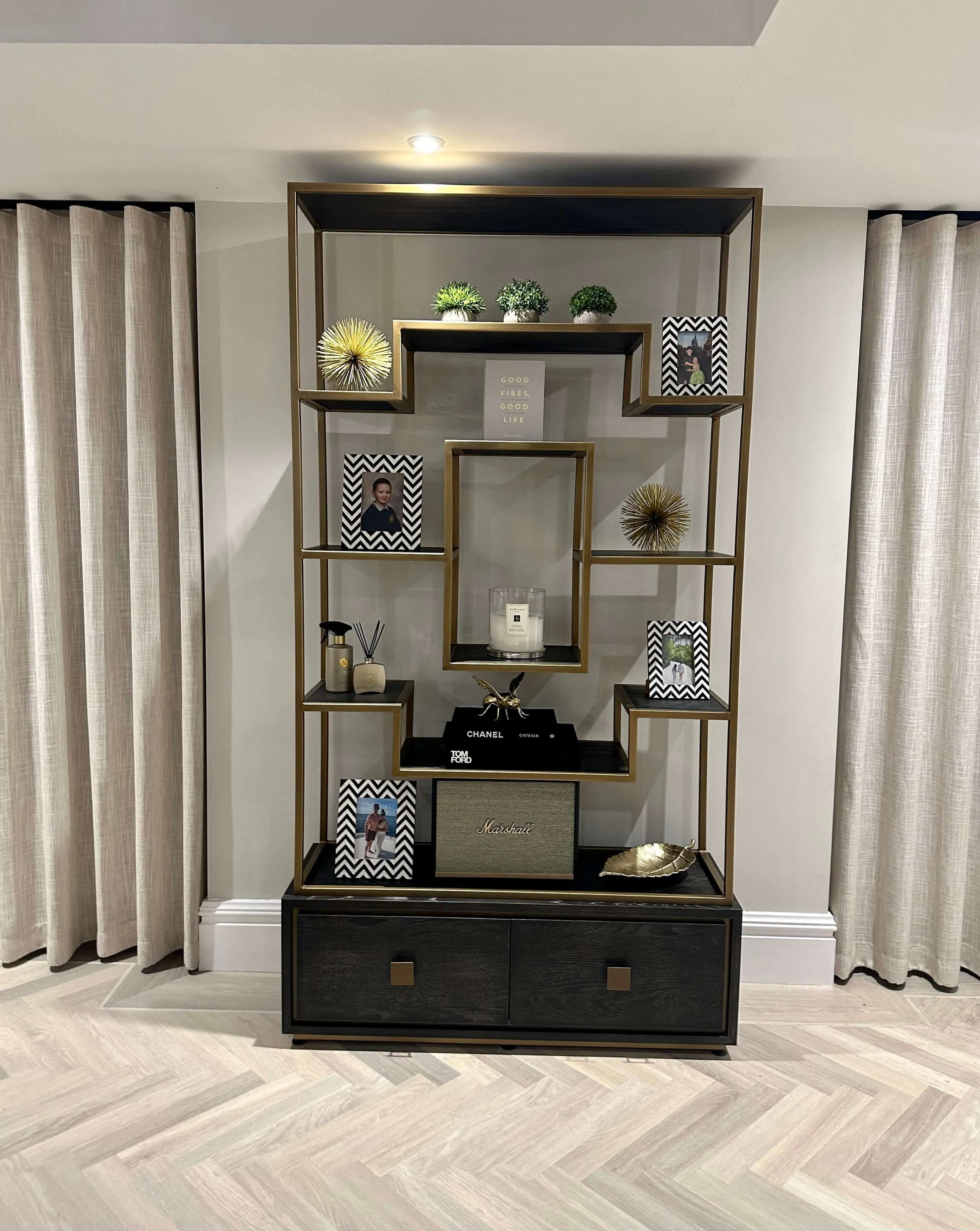 Brass Detailed Display Unit - Brushed Gold, Oak