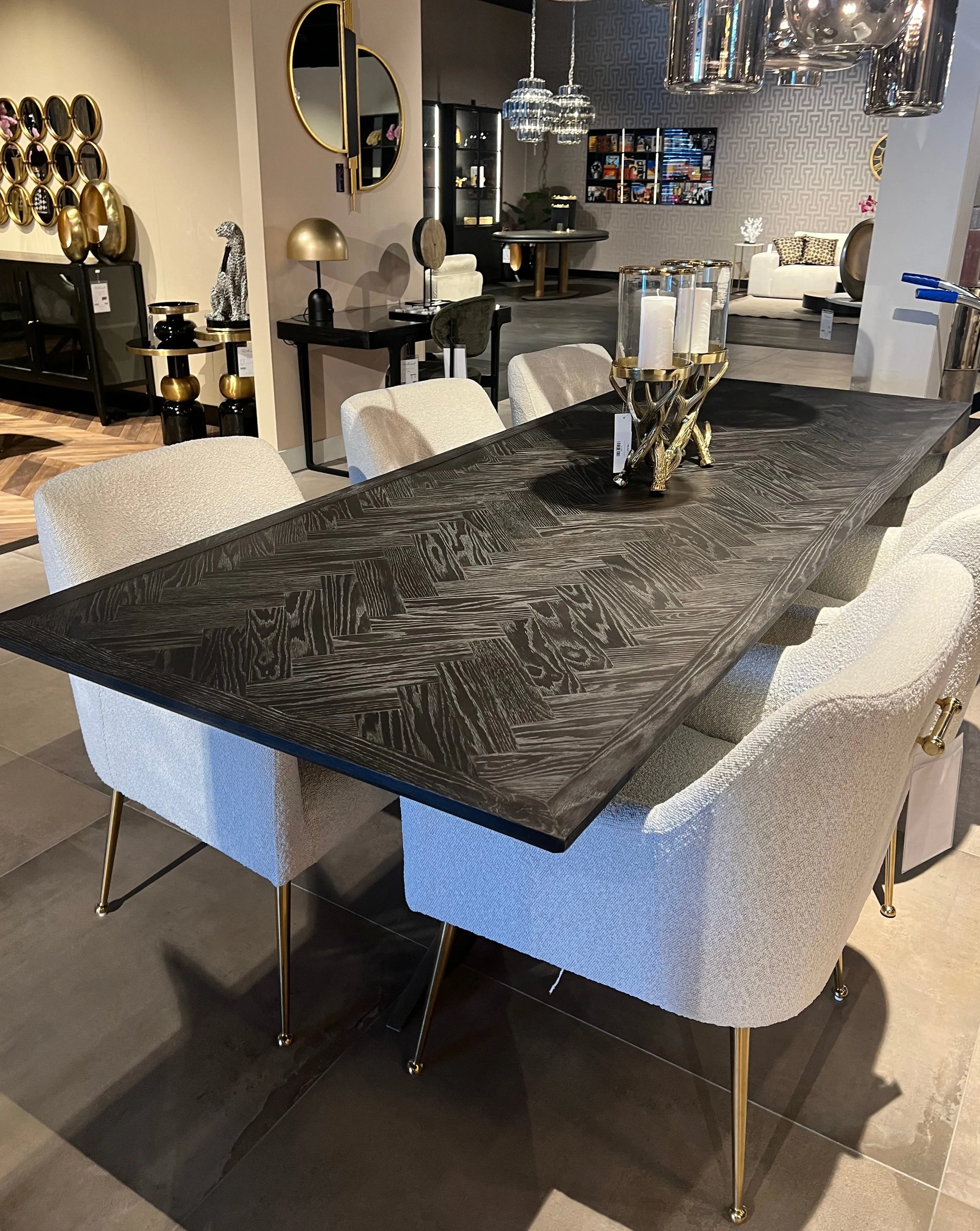 Herringbone Dining Table - Oak, Brass