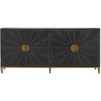 Wooden Textured Sideboard with Brass Trim - Black, Elm Wood