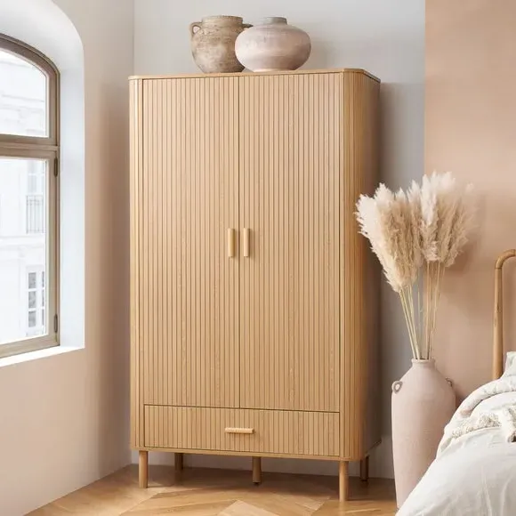 Axel 2-Door Fluted Wardrobe with Storage - Brown, Oak Effect