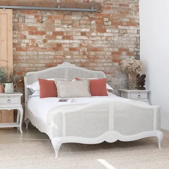 Rattan Bed Frame with Carved Details - Grey, Wood alternate view
