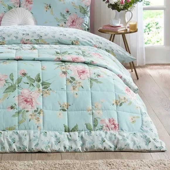 Avebury Floral Reversible Bedspread - Duck Egg Blue, Polycotton product