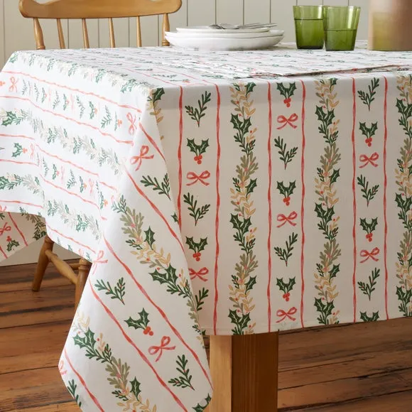 Christmas Holly Stripe Tablecloth - Cream, Cotton alternate view