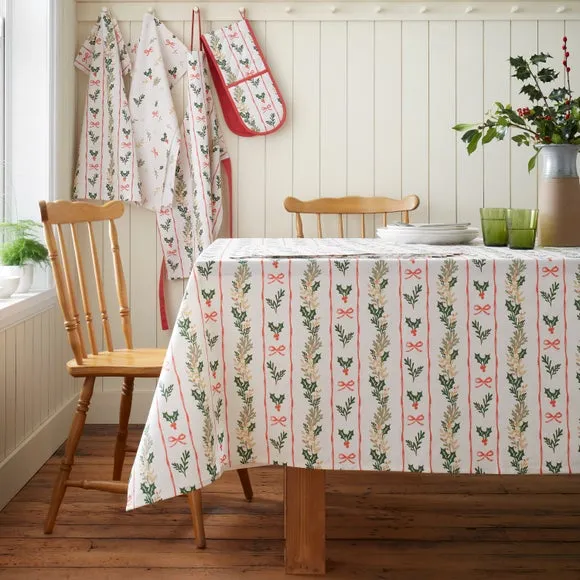Christmas Holly Stripe Tablecloth - Cream, Cotton product