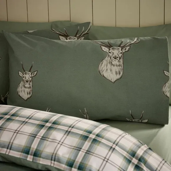 Duvet Cover Set with Stag Check - Green, Polycotton alternate view