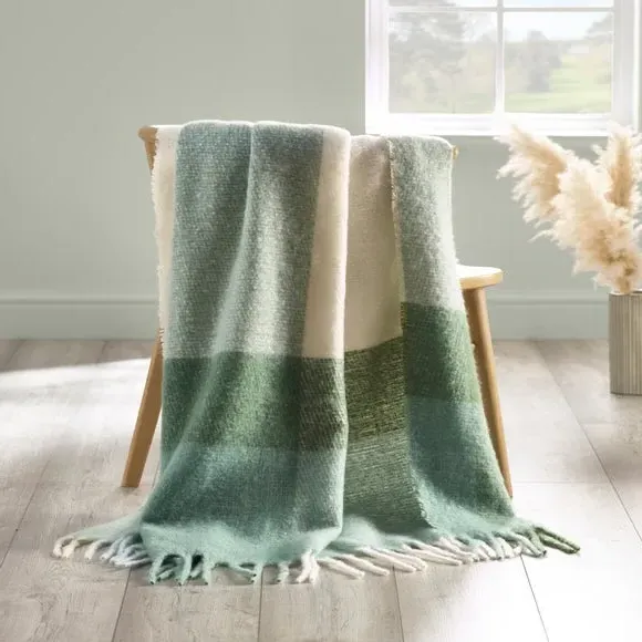 Faux Mohair Check Throw Blanket with Tassels - Green, Polyester product