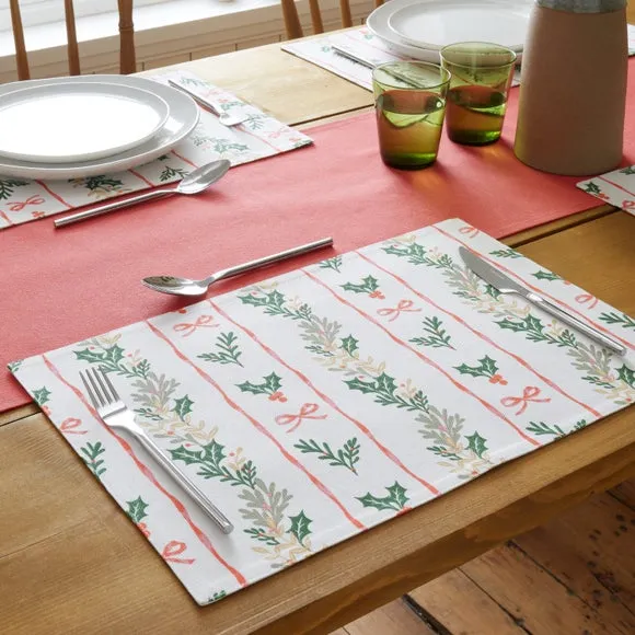 Pack of 4 Christmas Holly Stripe Placemats - Cream, Cotton
