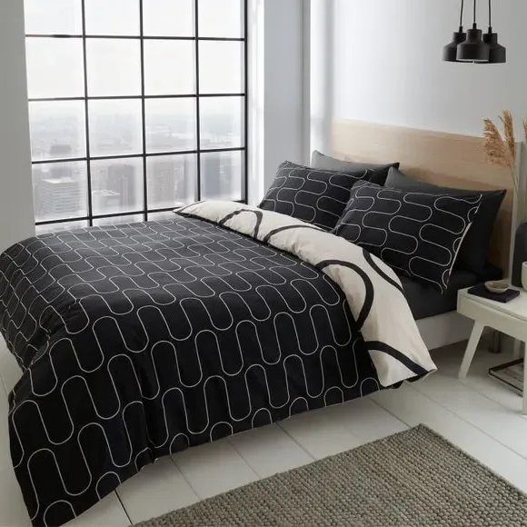 Linear Curve Geometric Reversible Duvet Cover Set - Black alternate view