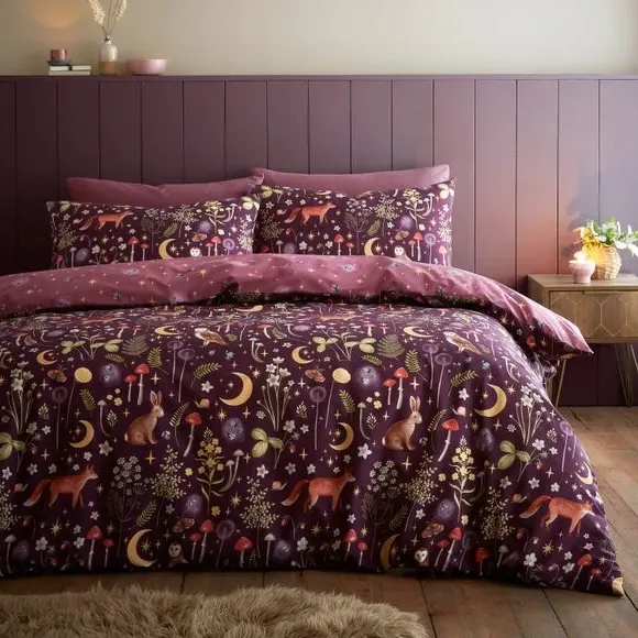 Enchanted Twilight Animals Reversible Duvet Cover Set - Plum, Polycotton alternate view