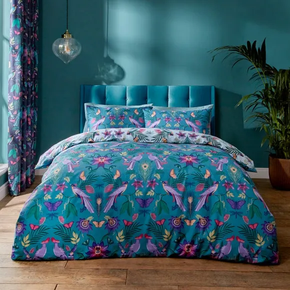 Mya Tropical Floral Duvet Cover and Pillowcase Set - Duck Egg Blue alternate view