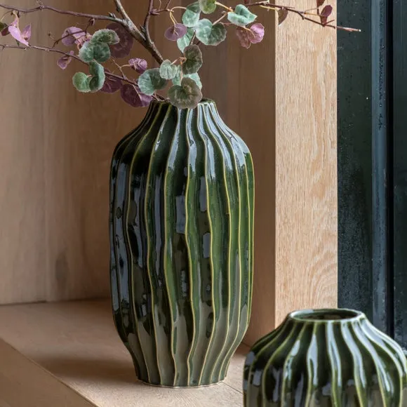 Organic Ribbed Ceramic Vase - Olive Green