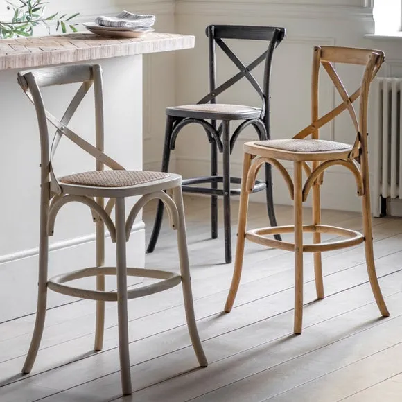 Set of 2 Bar Stools with Cross Back - White, Rattan alternate view