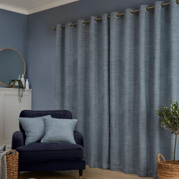 Swithland Herringbone Eyelet Curtains - Ashley Blue, Polyester by Dunelm, image 5
