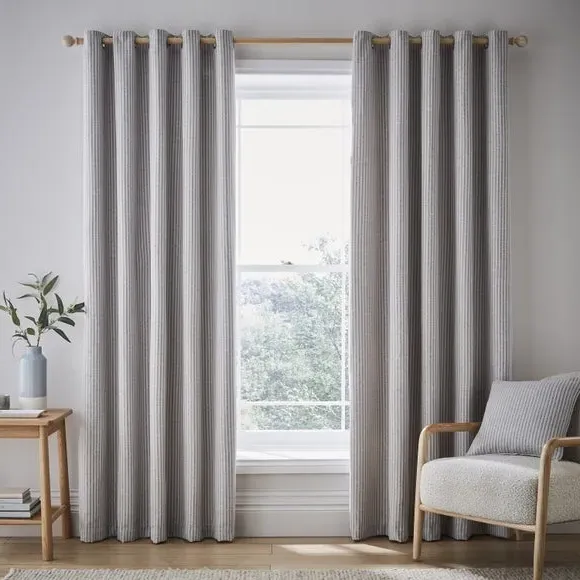 Herringbone Stripe Eyelet Curtains - Grey, Polyester alternate view